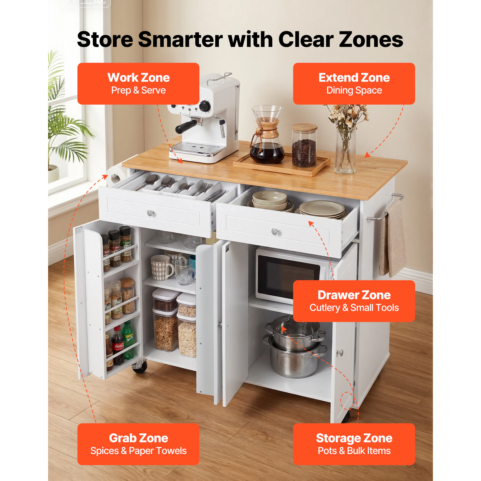 HONGGE Kitchen Island Cart with Storage Mobile Rolling on Swivel Wheels 2 Drawers Cabinet