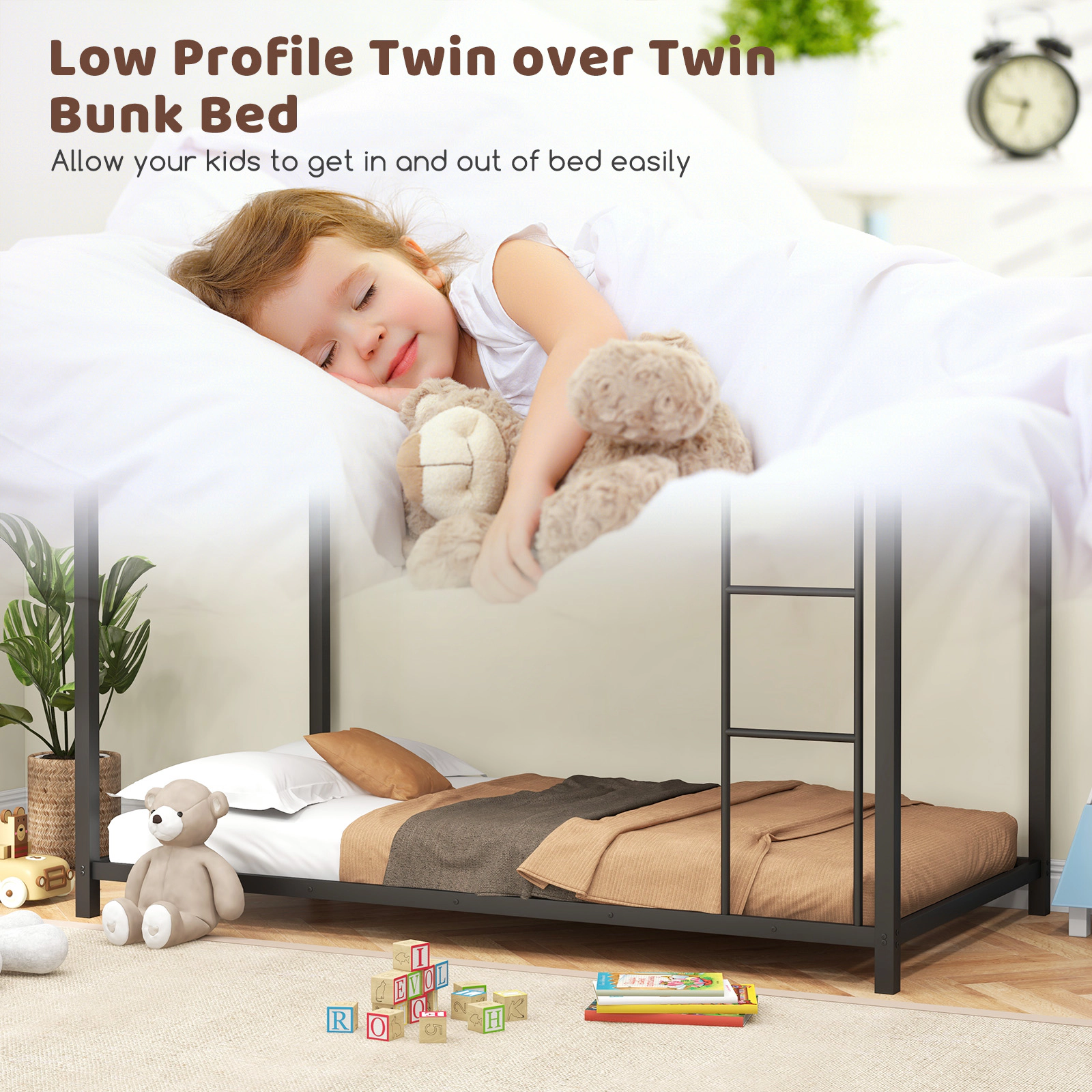 SUGIFT Low Profile Twin Over Twin Metal Bunk Bed 400-lb Upper Bed Capacity Twin Mattress Compatible Black/Silver/White
