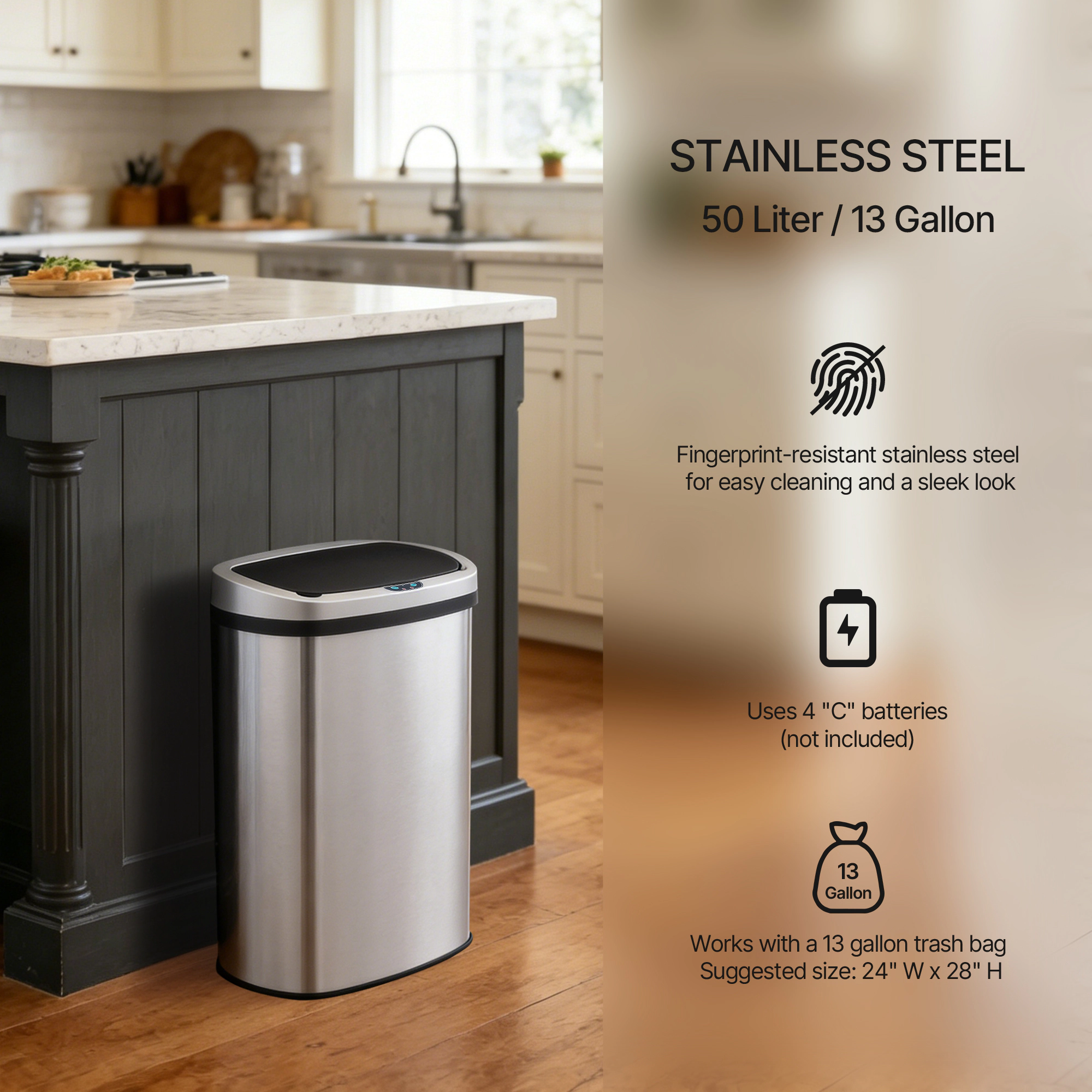 Innovaze 13 Gal./50 Liter Stainless Steel Oval Motion Sensor Trash Can for Kitchen