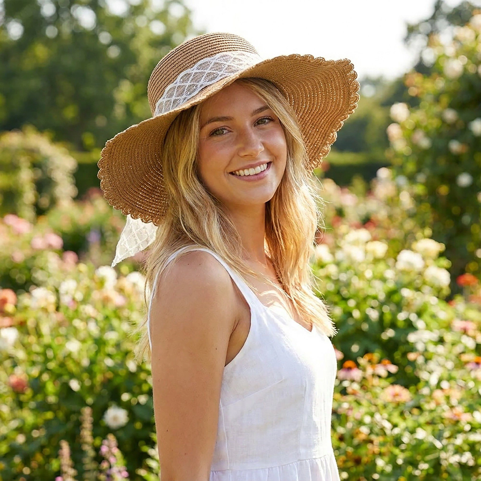 Anna-Kaci Women's Wide Brim Straw Sun Hat with Sheer Bow Accent and Scalloped Edge