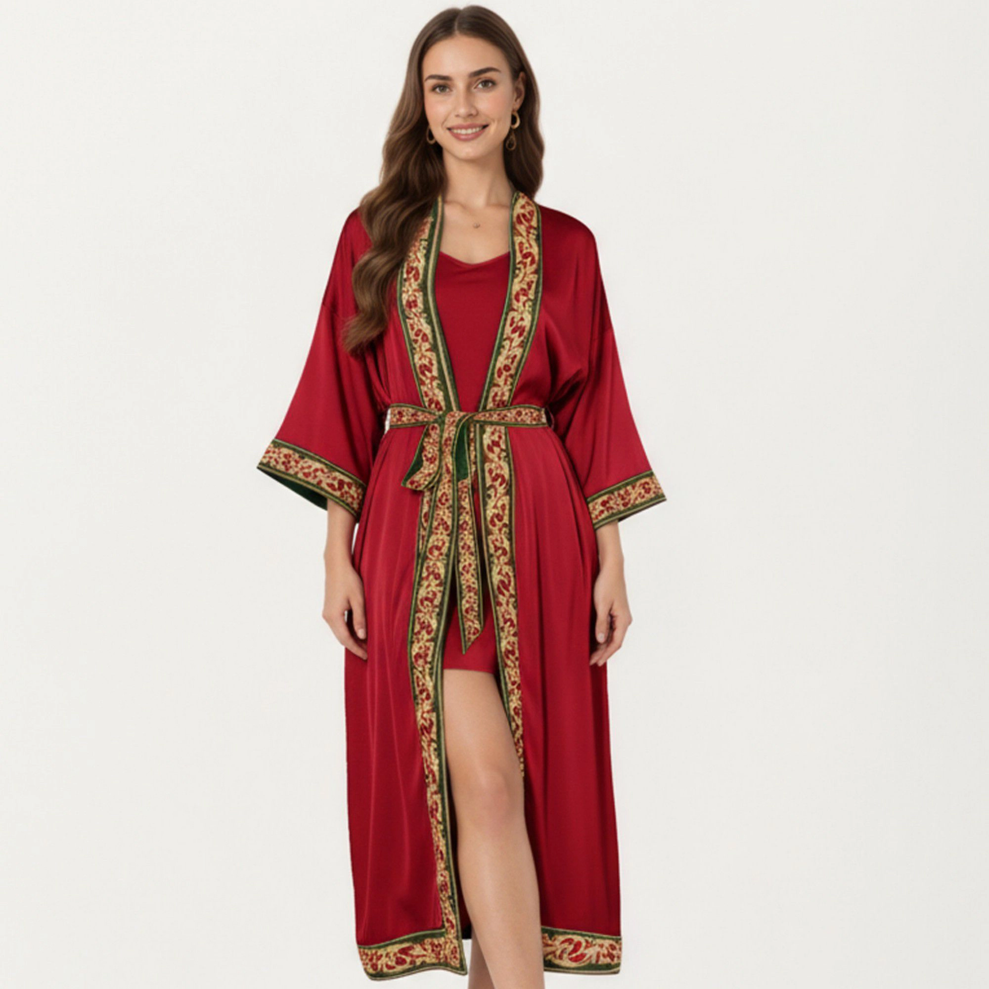 Anna-Kaci Women's Satin Long Robe with Embroidered Trim and Wide Sleeves