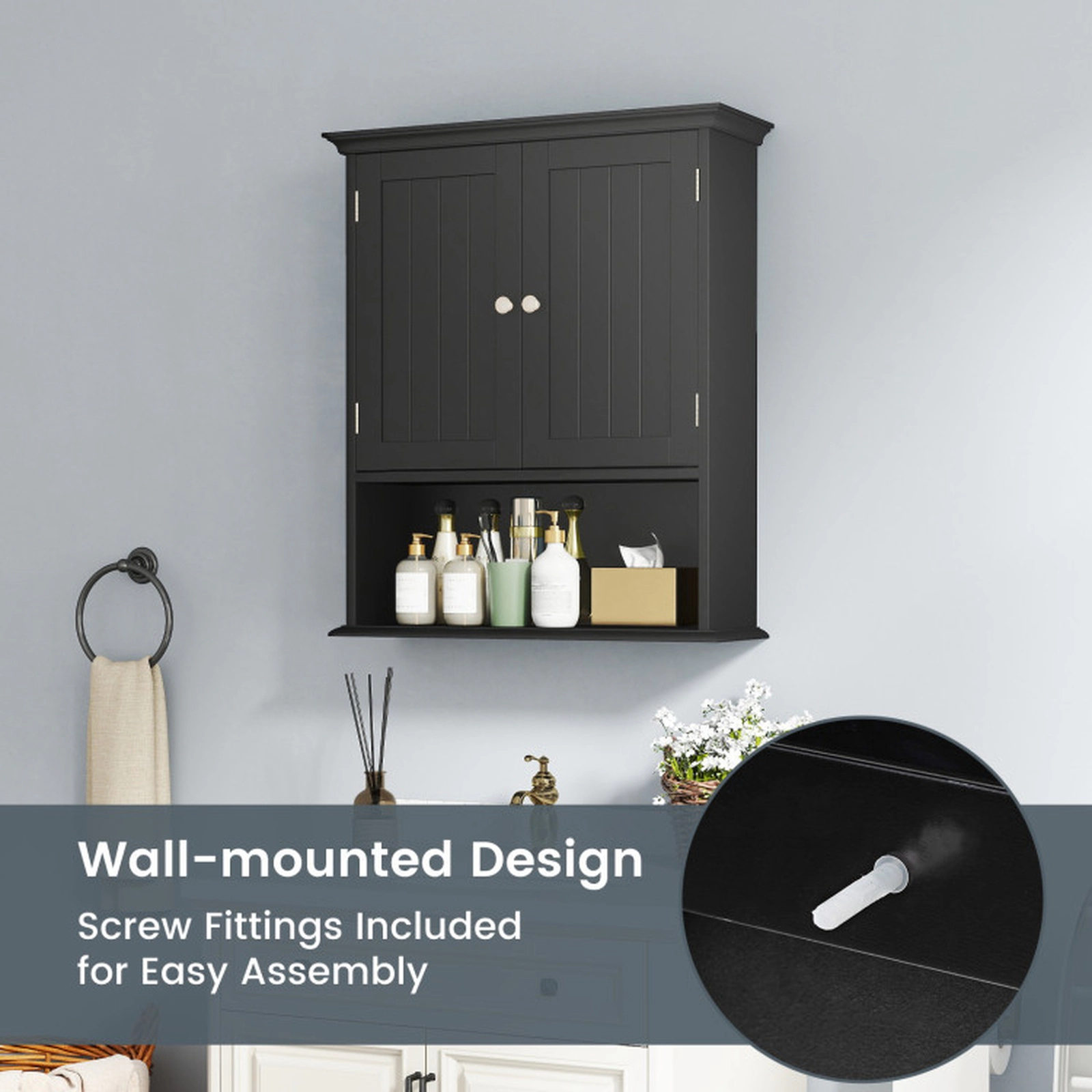SUGIFT Wall Mount 2-Door Open Compartment Bathroom Storage Cabinet 23.5-in x 7.5-in x 28-in 11-lb per Shelf Black