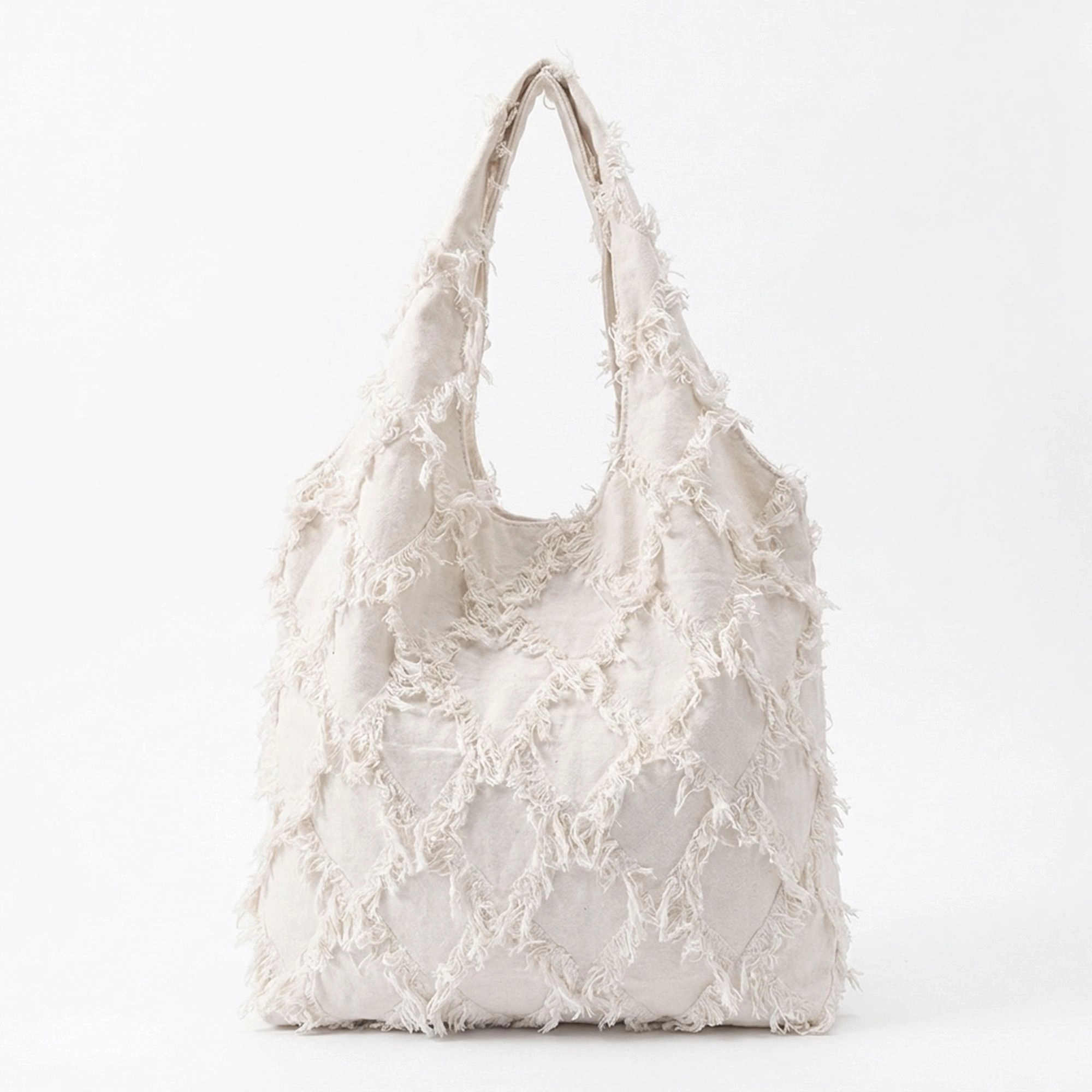 Alilang Women's Fringe Hobo Tote Bag with Textured Design and Shoulder Handle, White