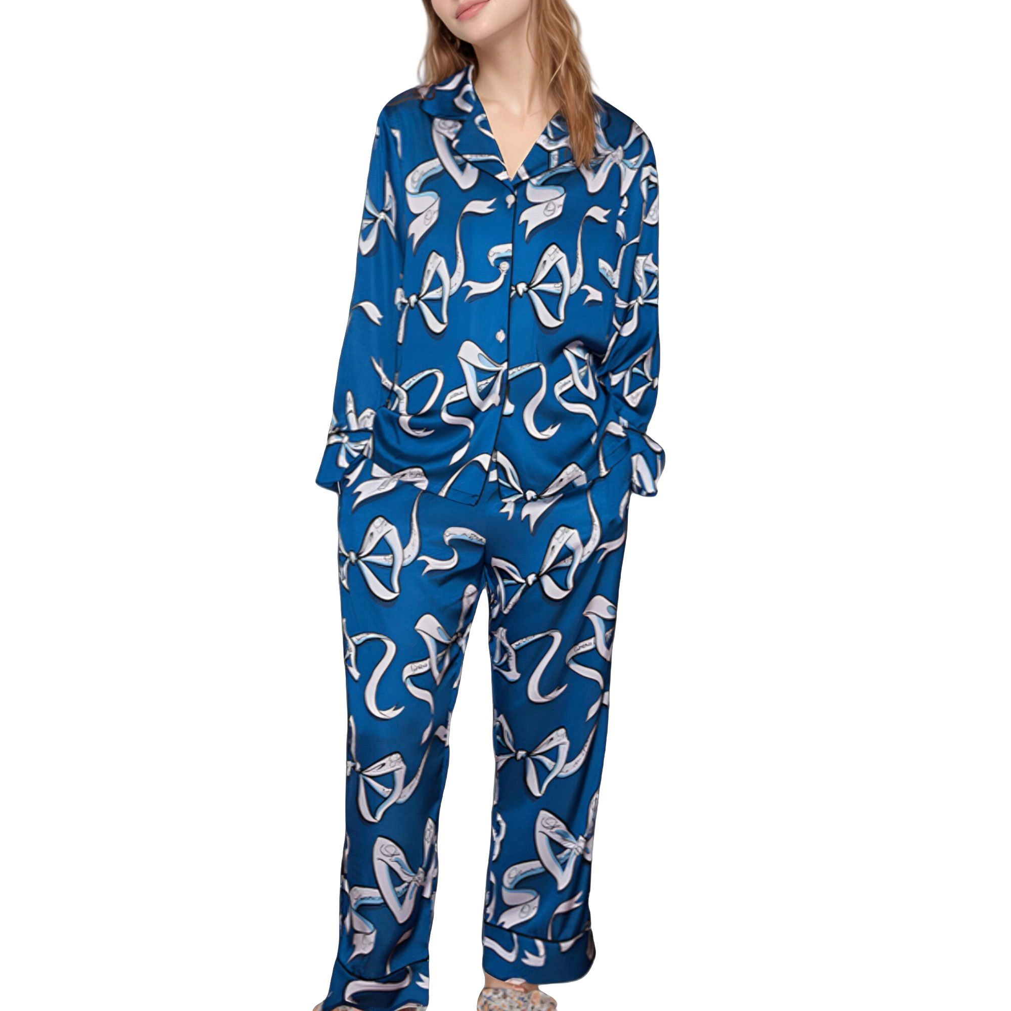 Anna-Kaci Women's Eel Print Pajama Set with Button Down Long Sleeve Top and Relaxed Fit Wide Leg Woven Pants