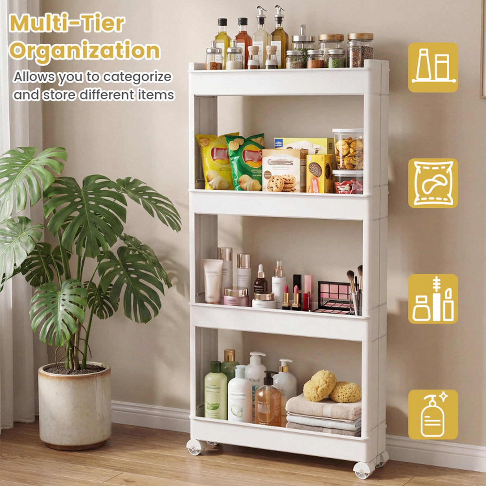 SUGIFT 4-Tier Slim Storage Trolley Cart with Detachable 3.5-in Trays 80-lb Capacity White