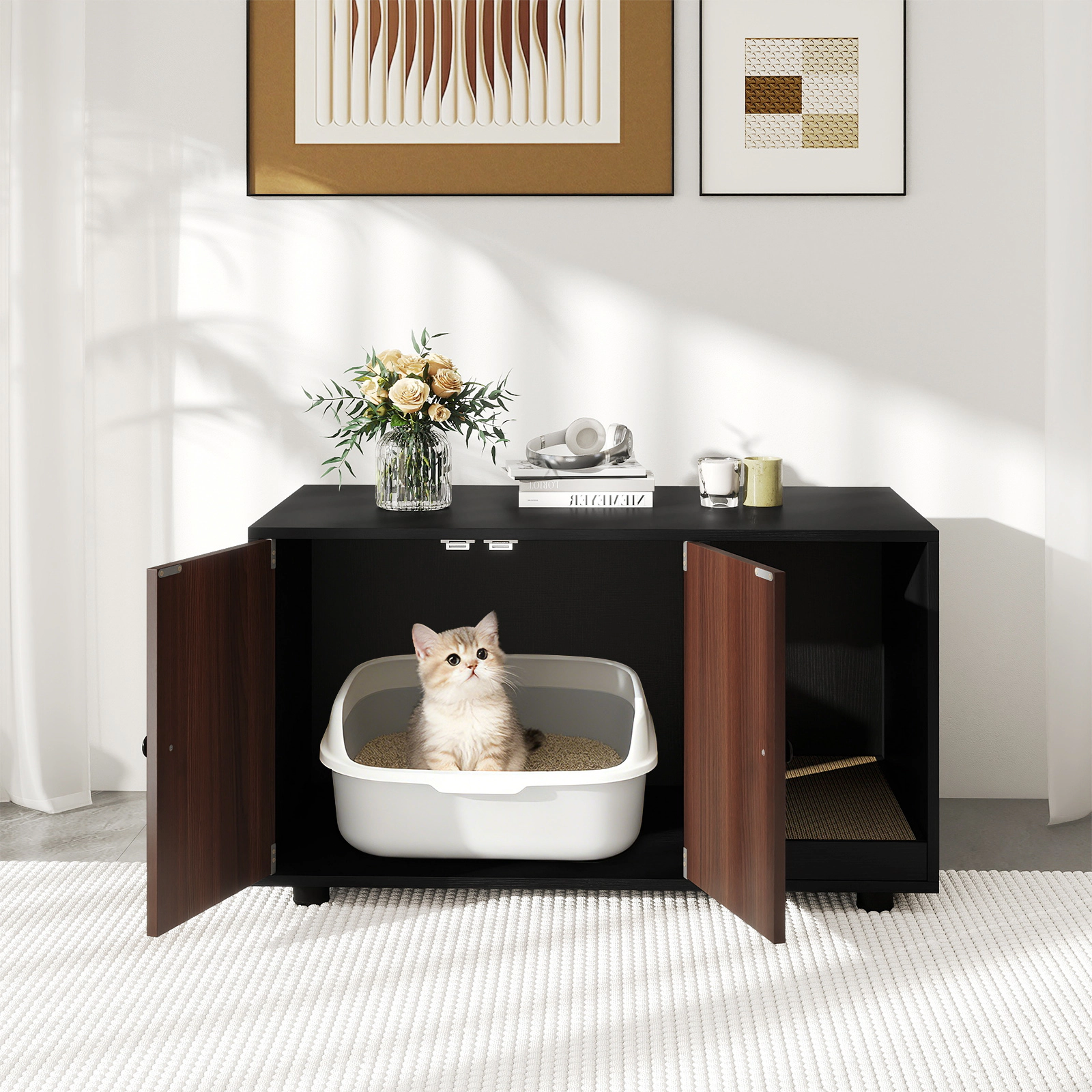 SUGIFT Black Cat Litter Box Furniture with Scratching Board 35.5-in W 20-in D 20-in H 88-lb Tabletop Capacity