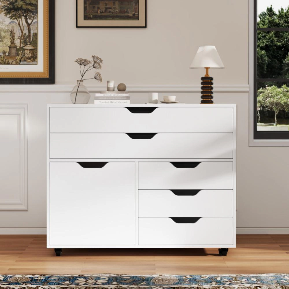Hivvago Modern Vertical 5-Drawer Mobile Chest with Door 5 Casters