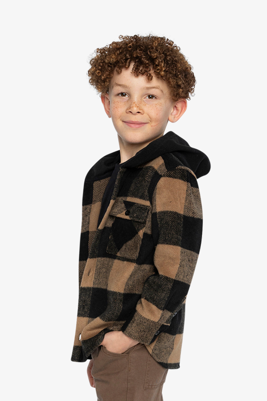 Deux par Boys Plaid Flannel Button Front Shirt with Fleece Hood and Chest Pockets