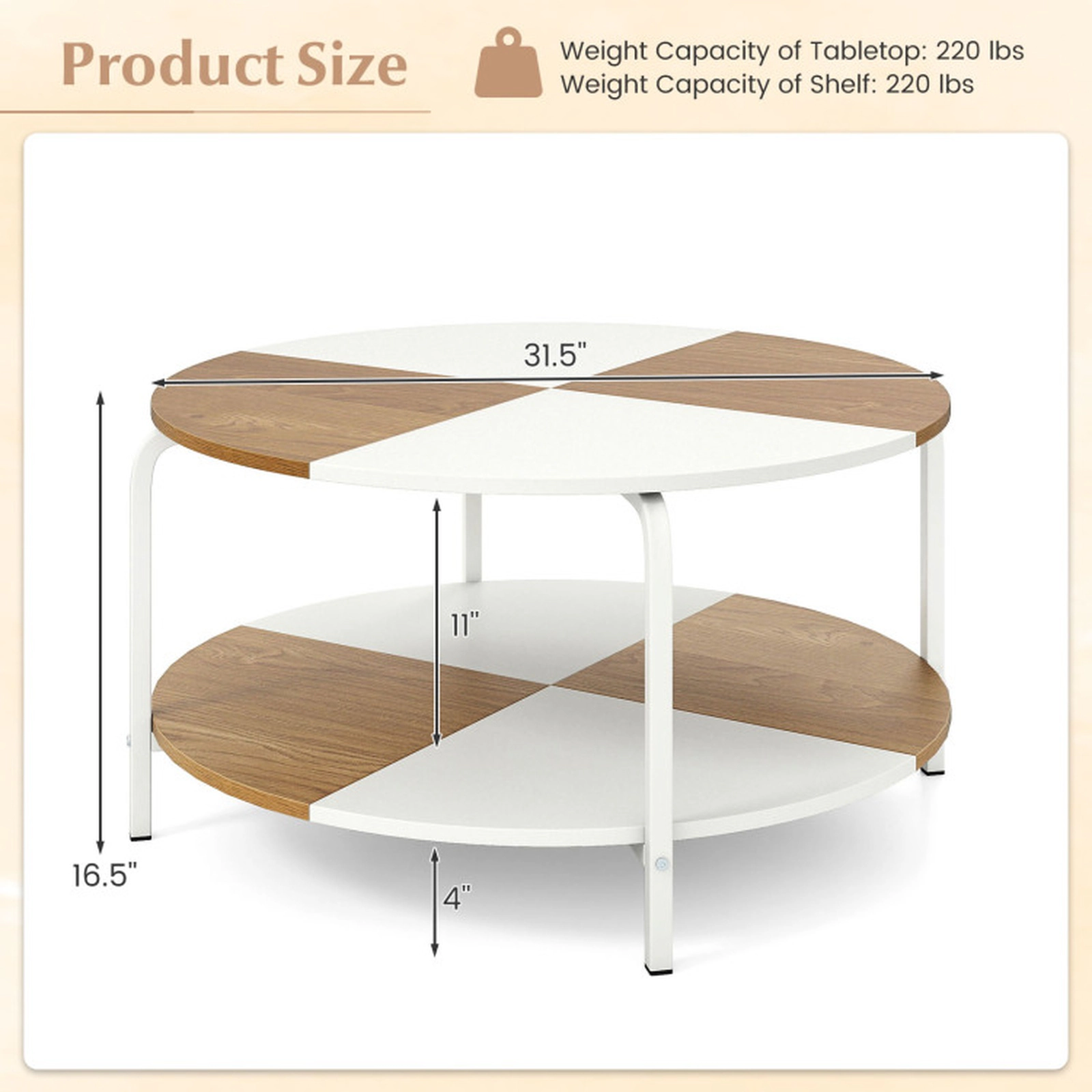 SUGIFT 2-Tier Round Coffee Table Metal Frame with Storage Shelf 220-lb Tabletop Capacity 31.5-in Round White and Natural
