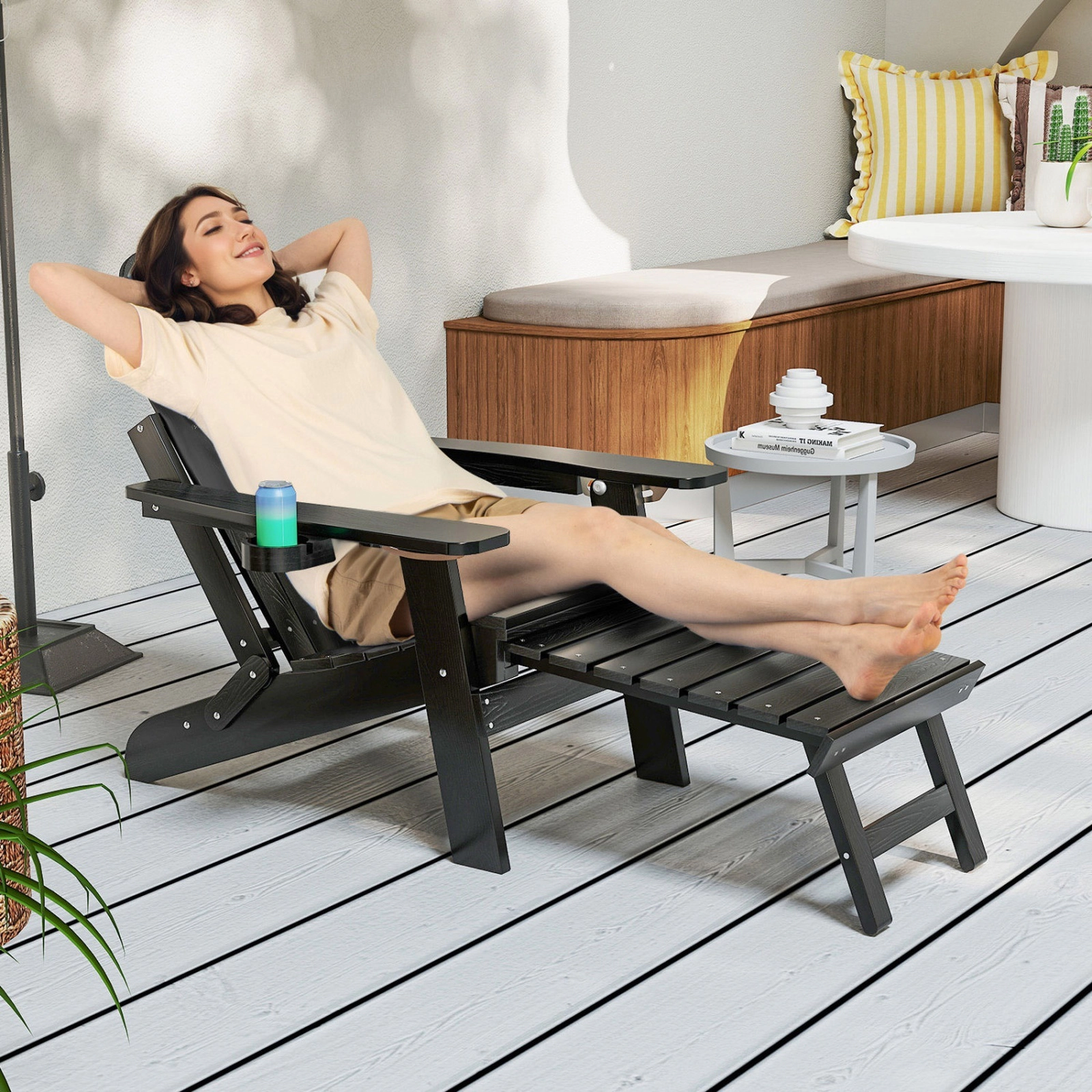 SUGIFT Black Folding Adirondack Chair with Retractable Footrest, 4-Position Recline and Rotating Cup Holder