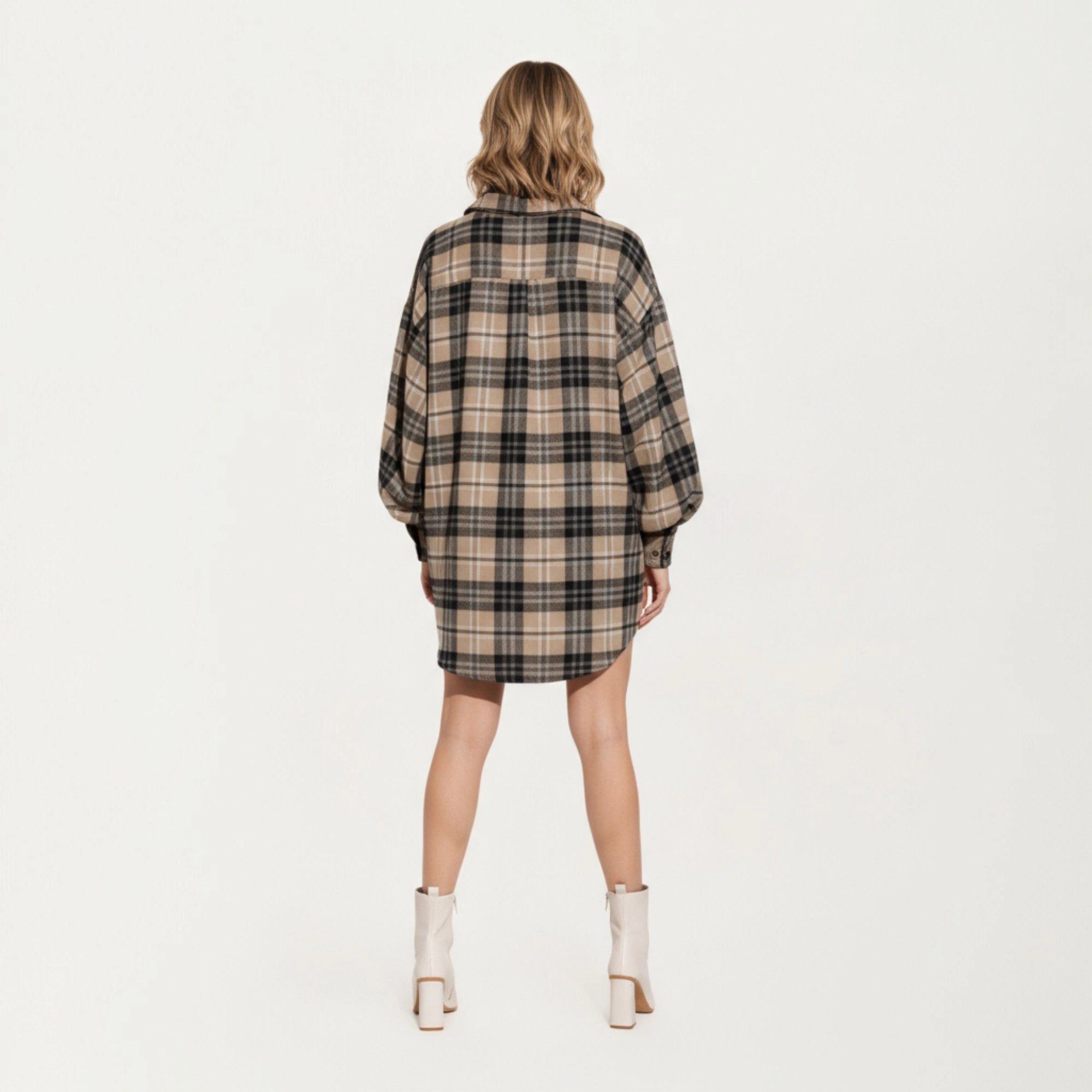 Anna-Kaci Women's Oversized Plaid Long Balloon Sleeves Button Front Collar Detail Shirt Dress