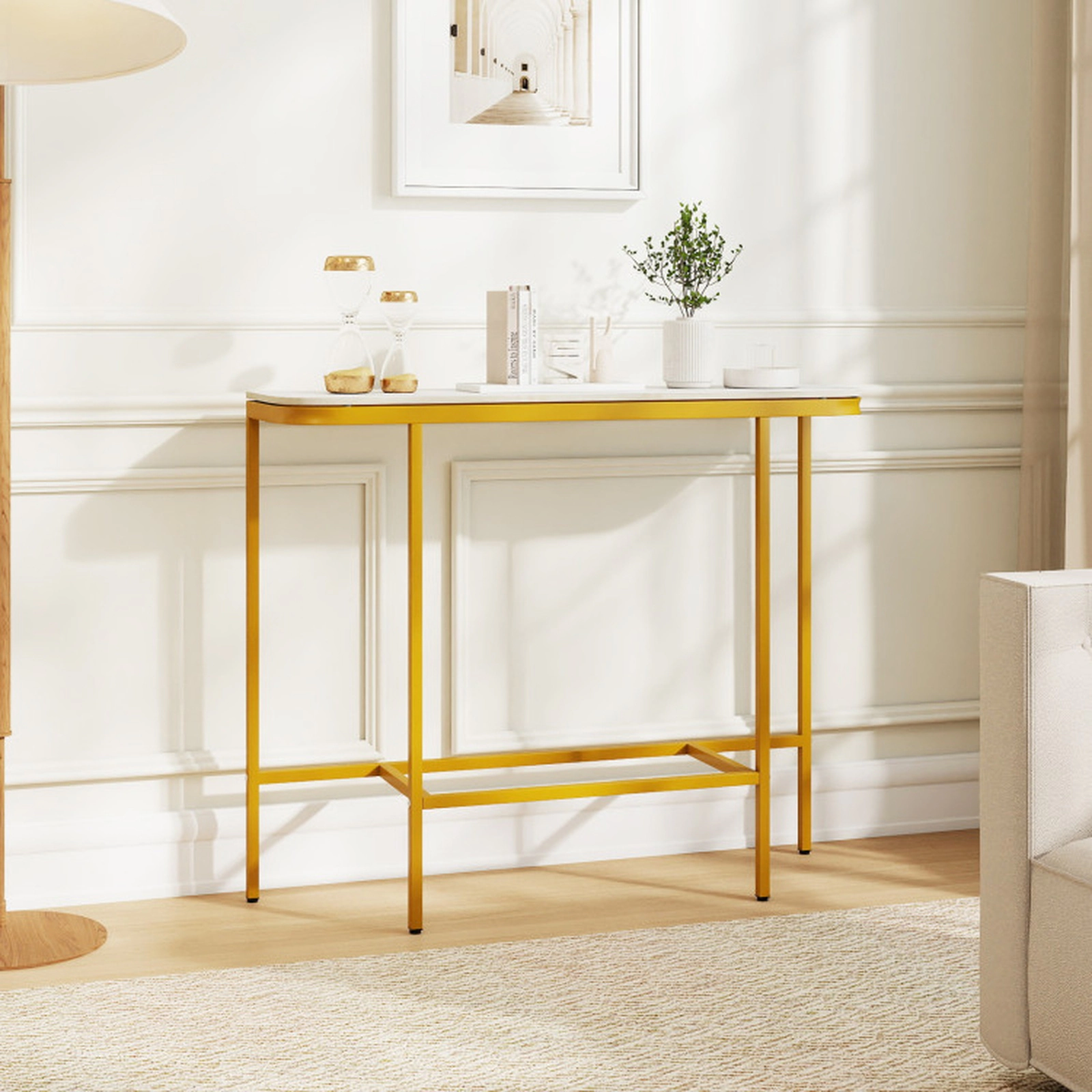 SUGIFT Faux Marble Console Entryway Table 66-lb Capacity 36-in Tall White + Gold/Gray + Black