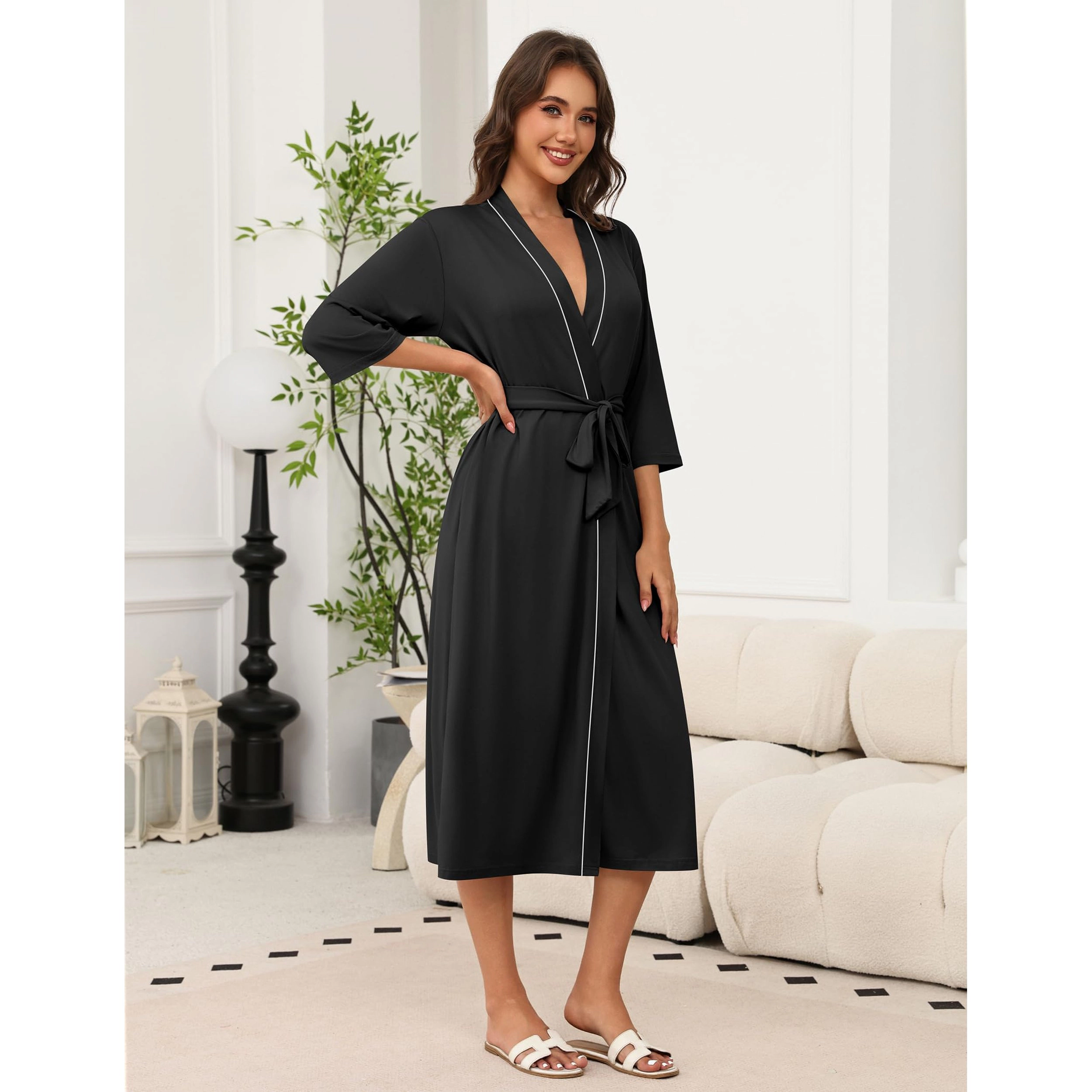 Ekouaer Womens Long Robe Knit Bathrobe Lightweight Three Quarter Sleeves Kimono Soft Sleepwear