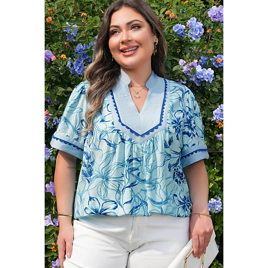Threaded Pear Women's Aylin Floral Short Sleeve PLUS Blouse, Color