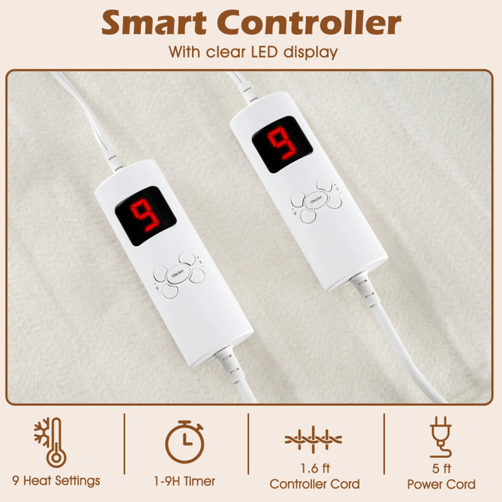 SUGIFT Queen Size Dual Controller 9 Heat Settings 9-Hour Auto Off Electric Heated Mattress Pad 80-in x 60-in White