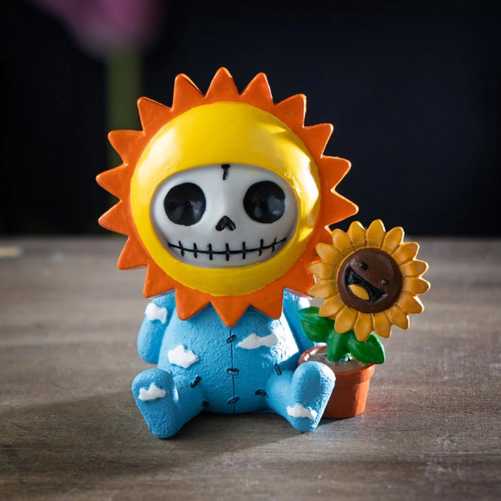 Pacific Giftware Furrybones Sol Figurine Skeleton in Sunflower Costume with Smiling Potted Sunflower Friend 2.8 inch