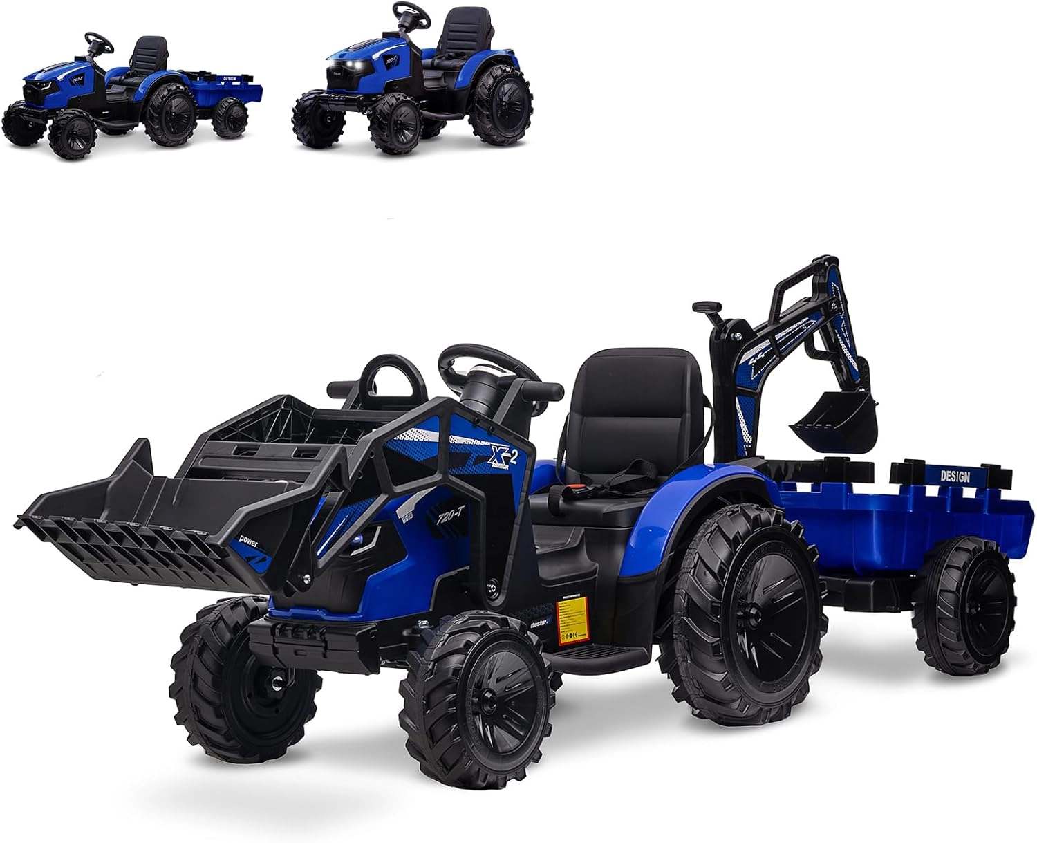 Enjyam 24V Kids Ride On Tractor, Excavator & Bulldozer w/ Trailer, Digger, Shovel Bucket, Remote, LED Lights, Music