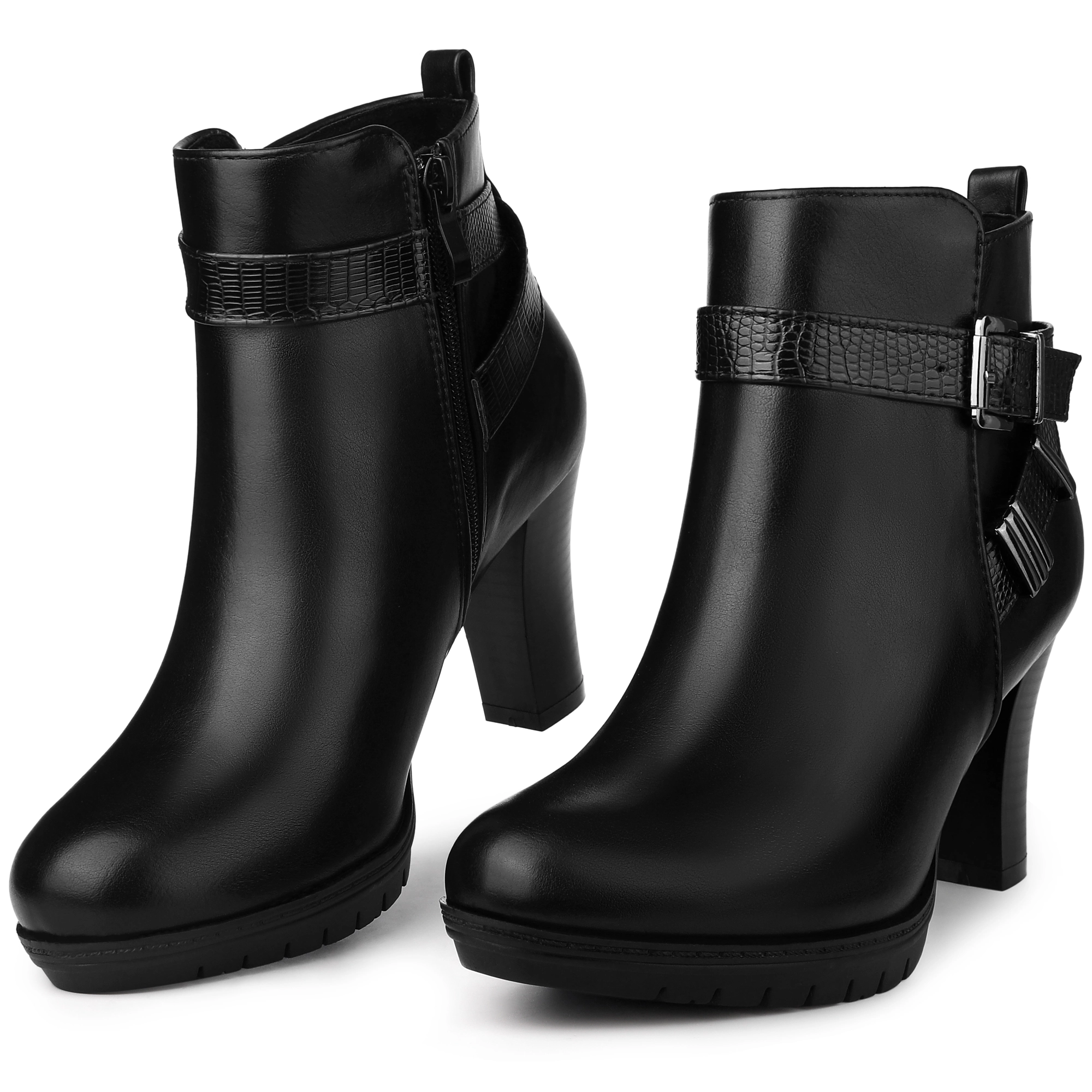BLISSFUL STEP Women Faux Leather Cross Strap Platform Block Heel Ankle Booties