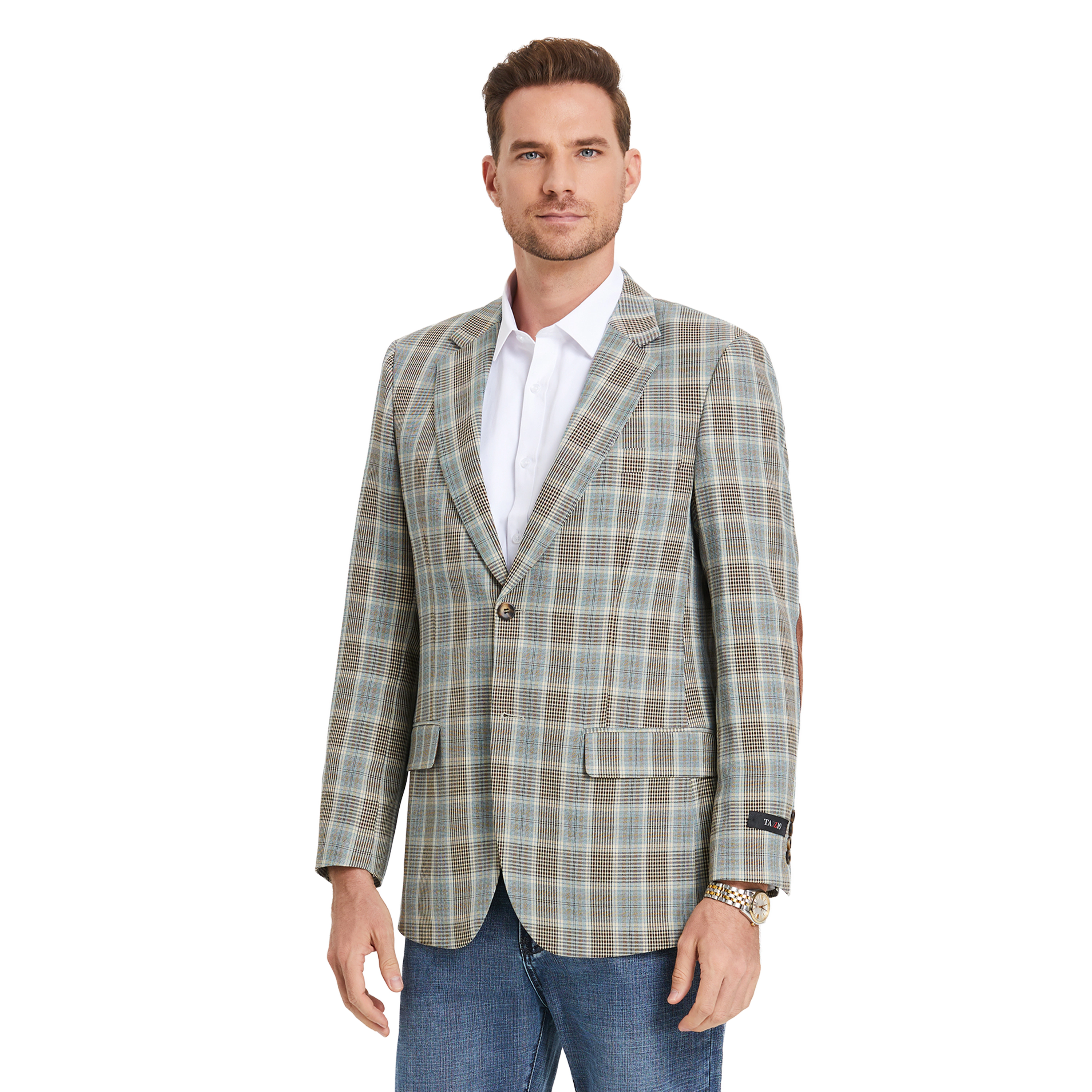 Tazzio Mens Slim Fit Glen Plaid Elbow Patch Sport Coat