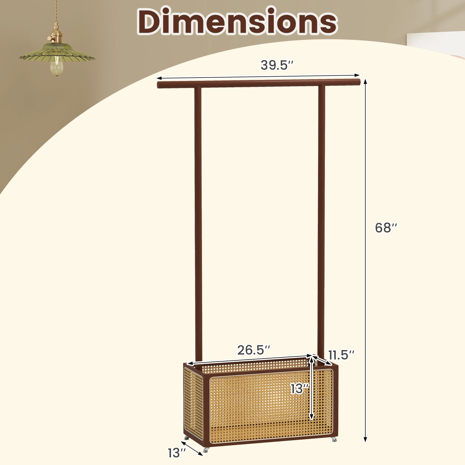 SUGIFT 68-in Freestanding Bamboo Clothes Rack with 15.8-gal Woven Rattan Storage Basket and Wheels