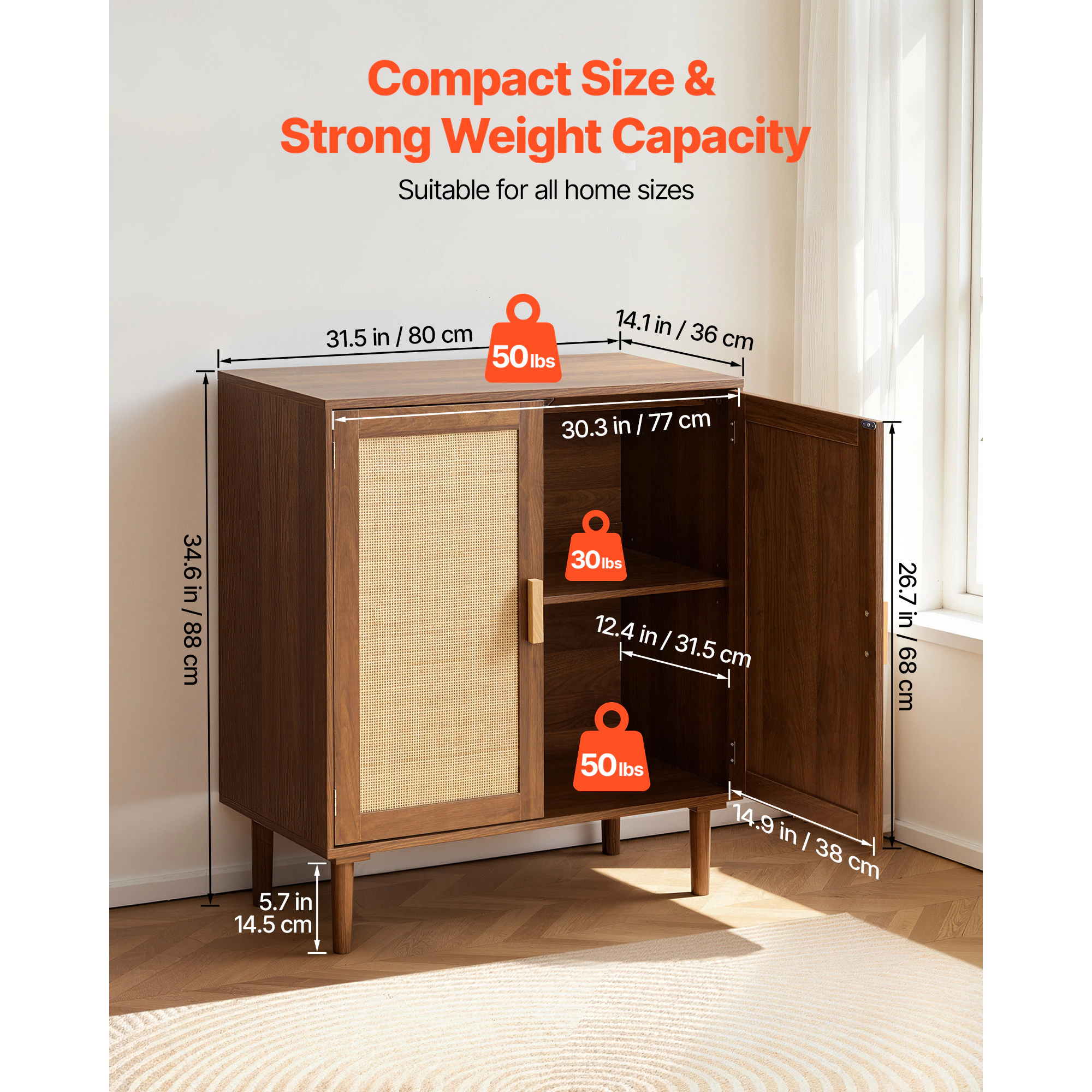 HONGGE Rattan Cabinet Rattan Storage Cabinet with 2 Magnetic Doors and Adjustable Shelves Accent Sideboard Buffet with