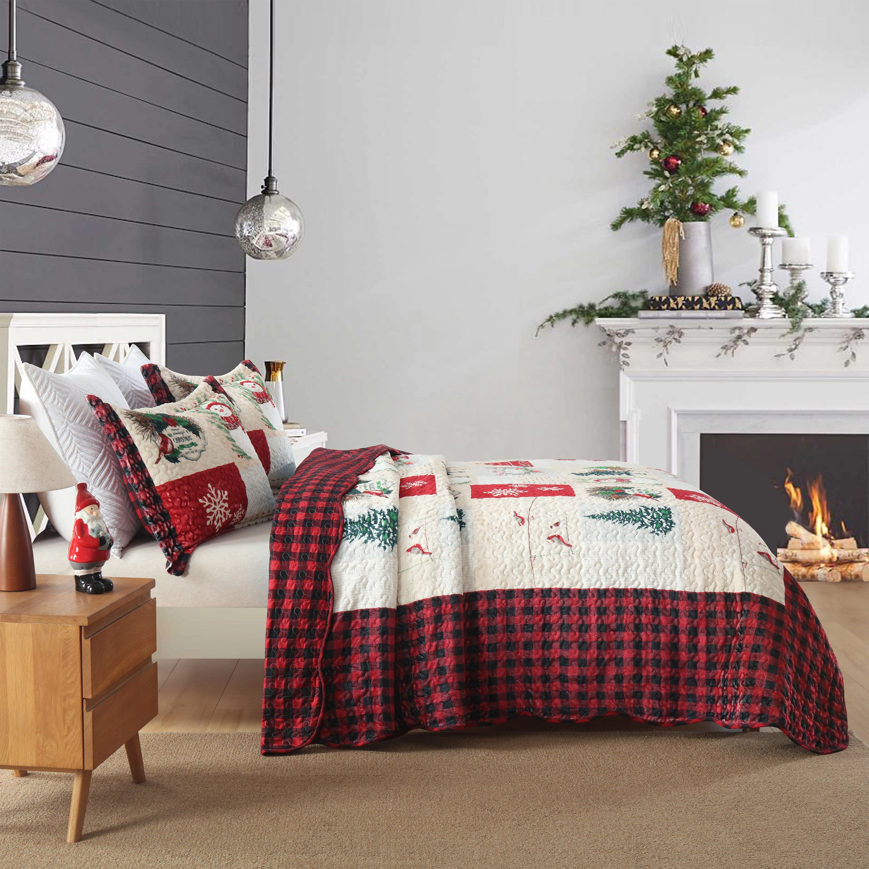 MarCielo 3 Piece Velvet Christmas Quilt Bedspread Set,Holiday Bedding