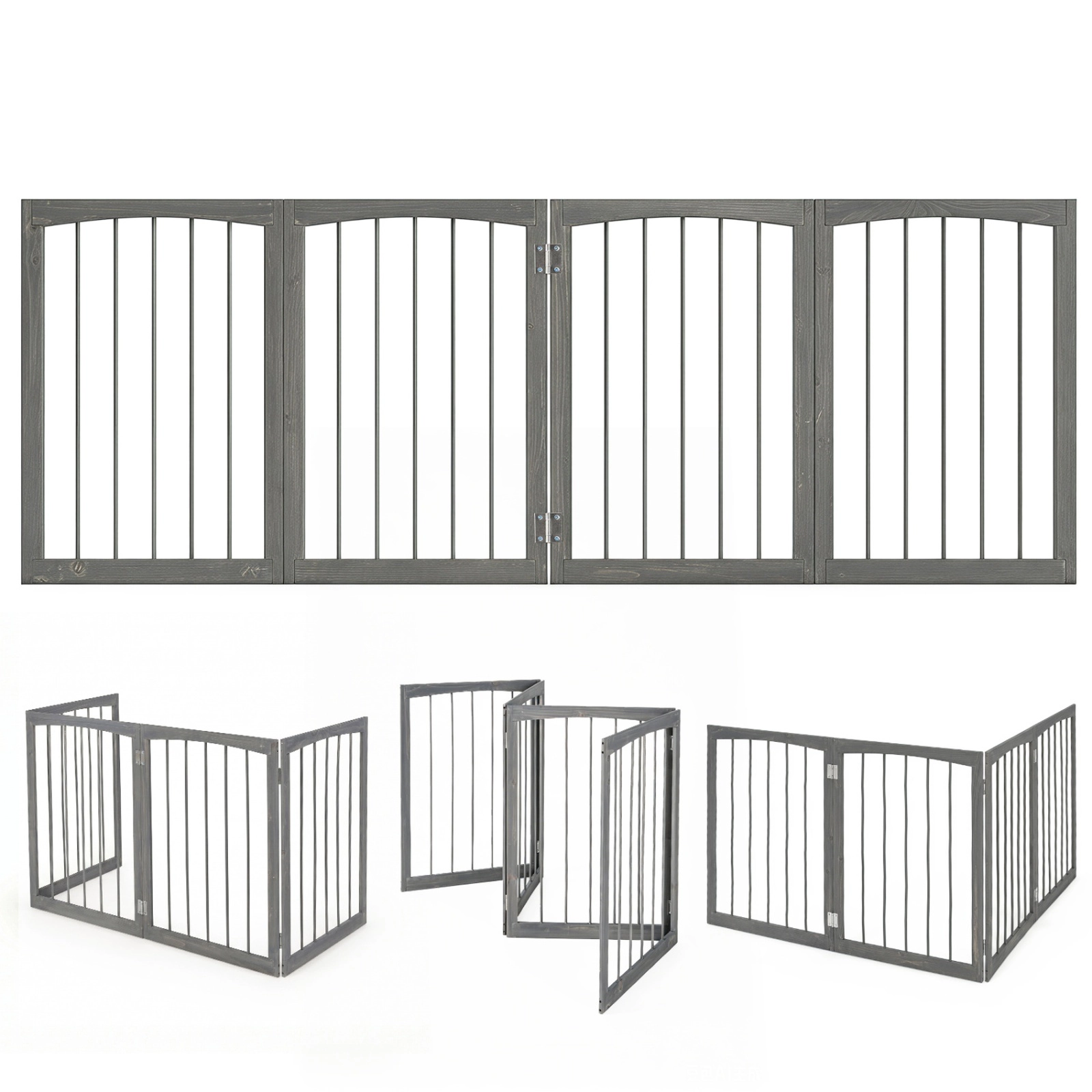 SUGIFT 83-in x 30-in 4-Panel Wooden Freestanding Indoor Dog Gate Pet Fence with 180-Degree Hinges
