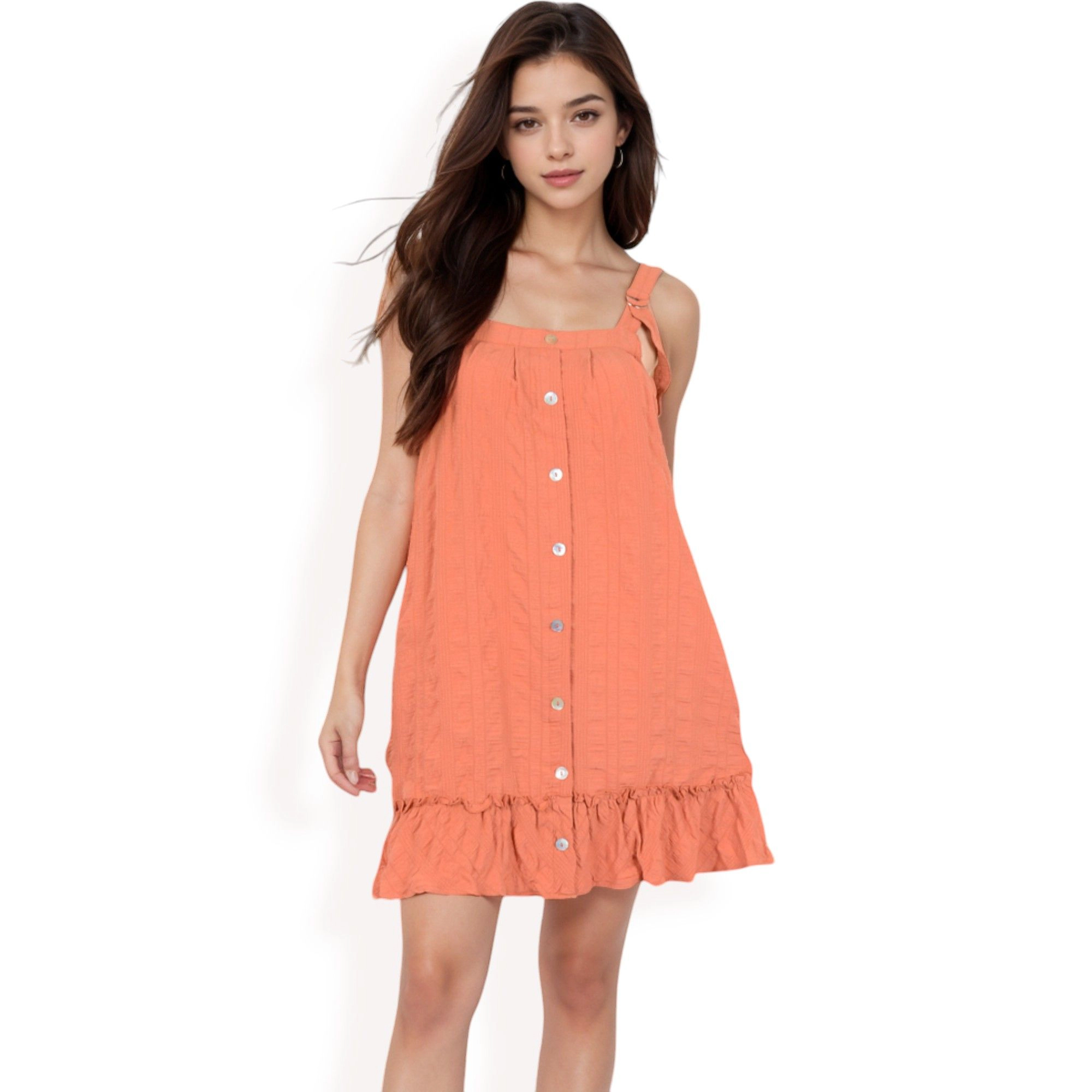 Anna-Kaci Ruffled Button-Down Mini Dress with Adjustable Straps, Textured Floral Fabric