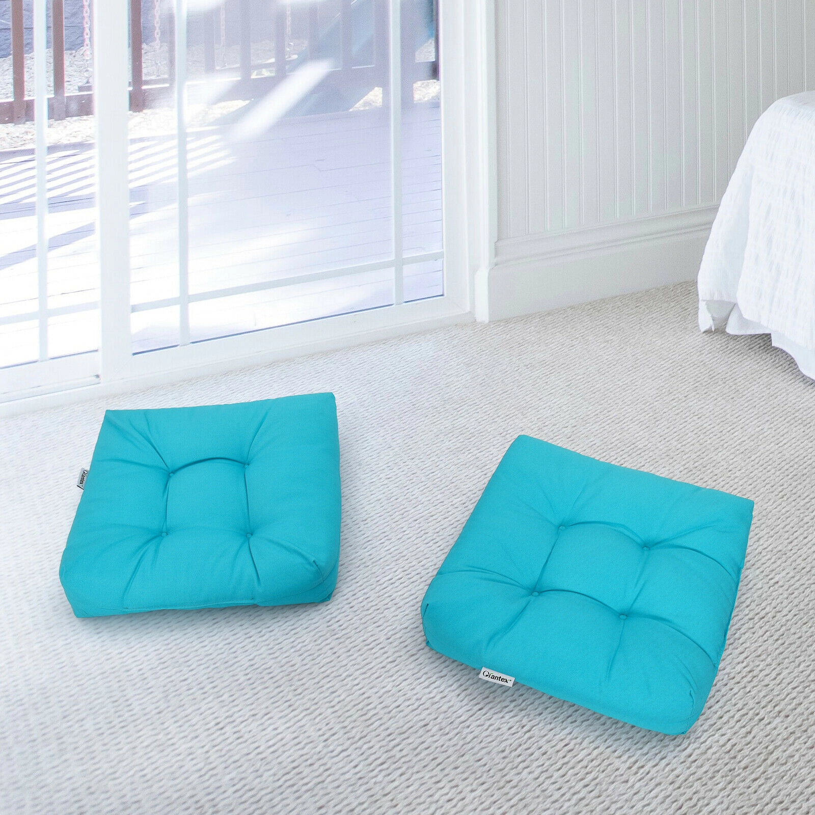 SUGIFT 2-Pack 21-in x 21-in Turquoise Waterproof Outdoor Patio Chair Seat Cushion Pads with Sun Protection