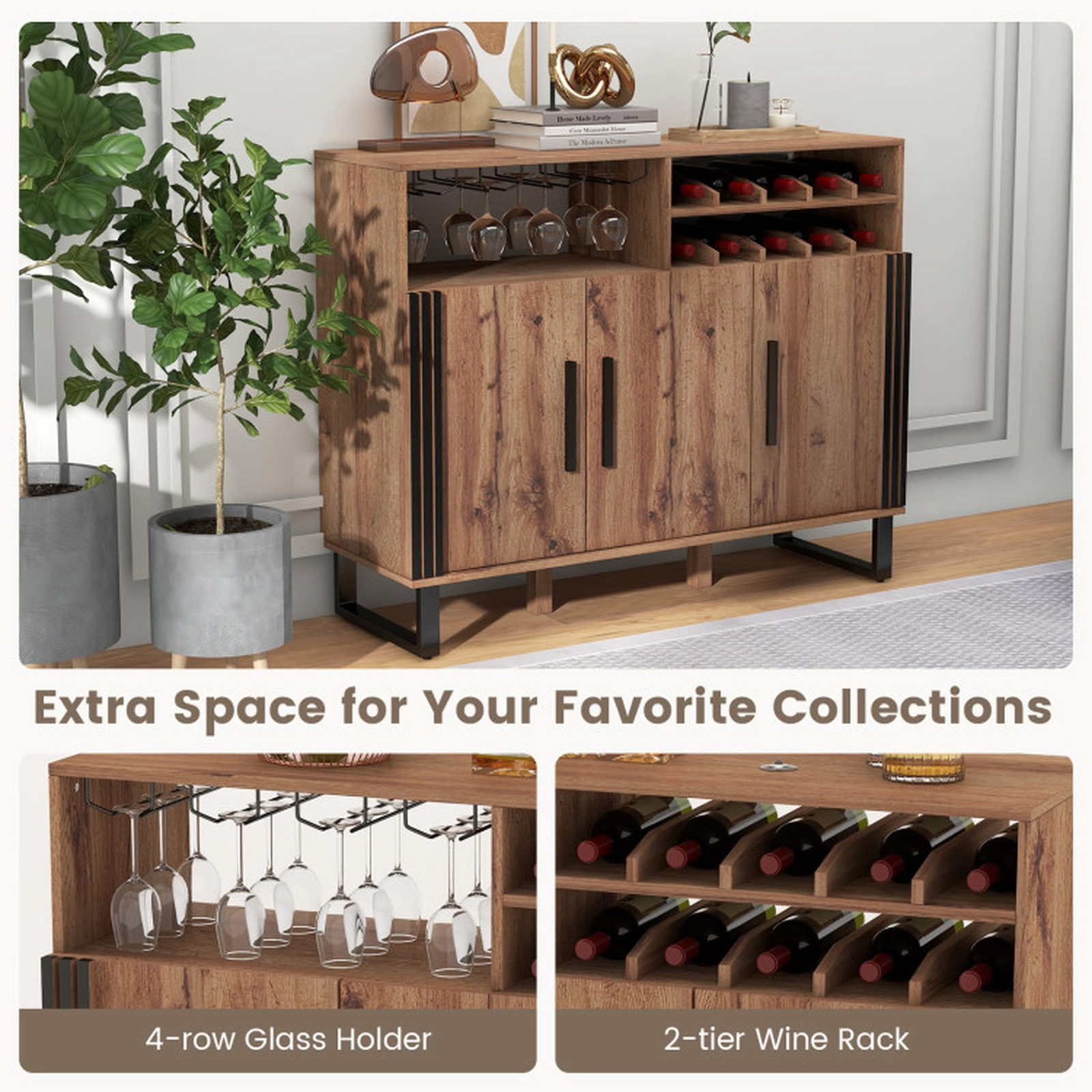 SUGIFT 3-Door 2-Tier Wine Rack 4-Row Glass Holder Home Bar Cabinet 47-in x 16-in x 37.5-in 110-lb Capacity Brown
