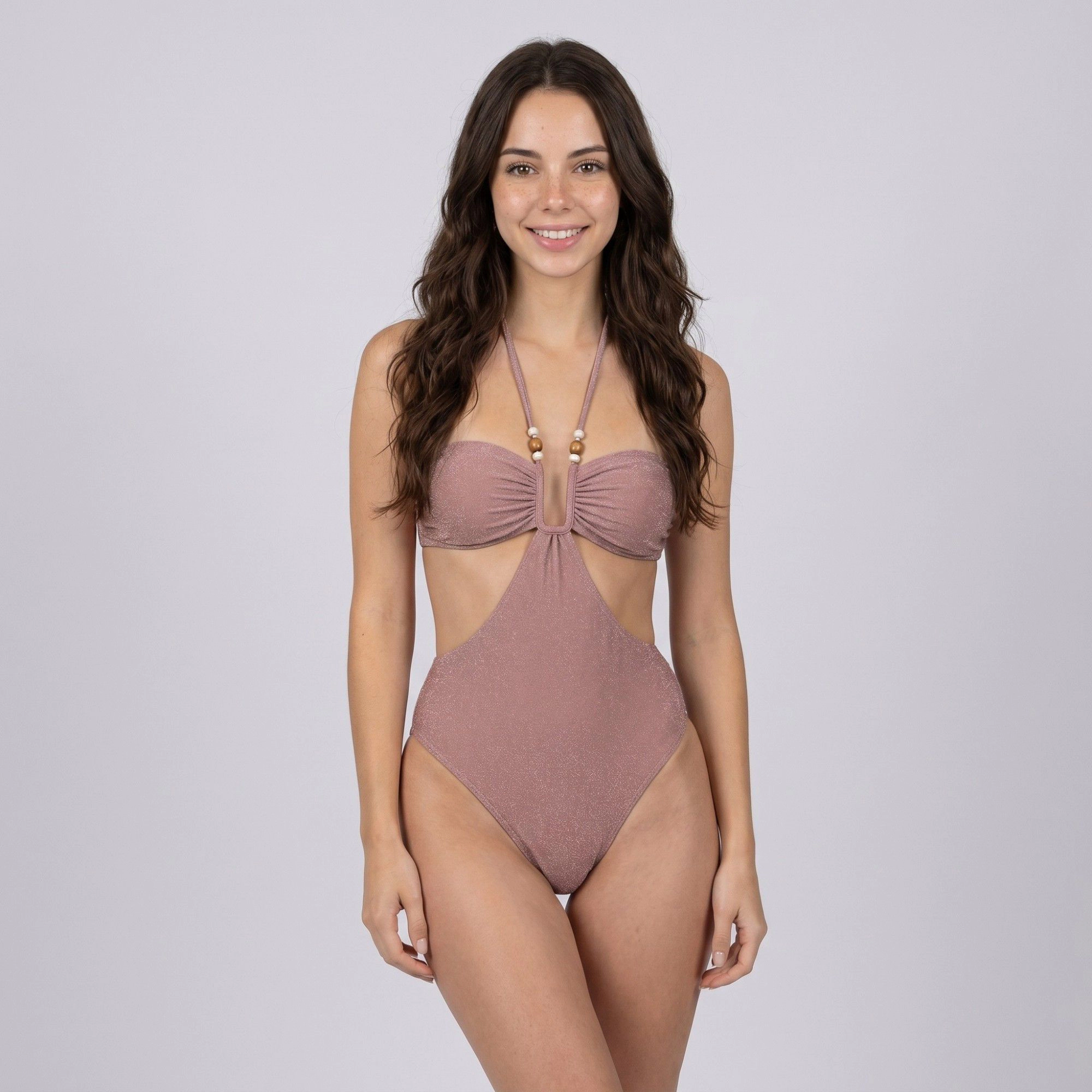 Anna-Kaci Shimmer Halter Cutout One-Piece Swimsuit - Beaded Strap, Ruched Bust, High Cut Leg