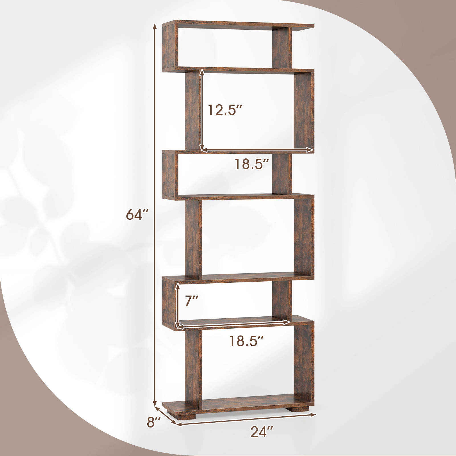 SUGIFT 6-Tier Rustic Brown 64-in Tall Narrow Geometric Bookshelf with 2 Anti-Tipping Kits and Raised Base