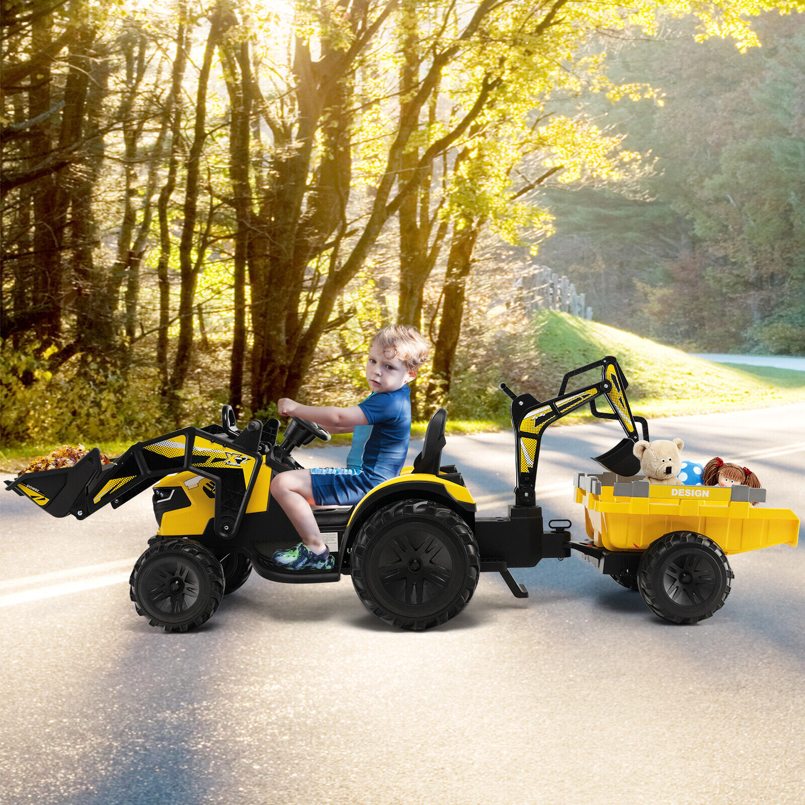 12V 3-in-1 Kids Ride On Excavator Shovel Bucket Digging Arm Trailer Battery Display Parent Remote Tractor Kids Yellow