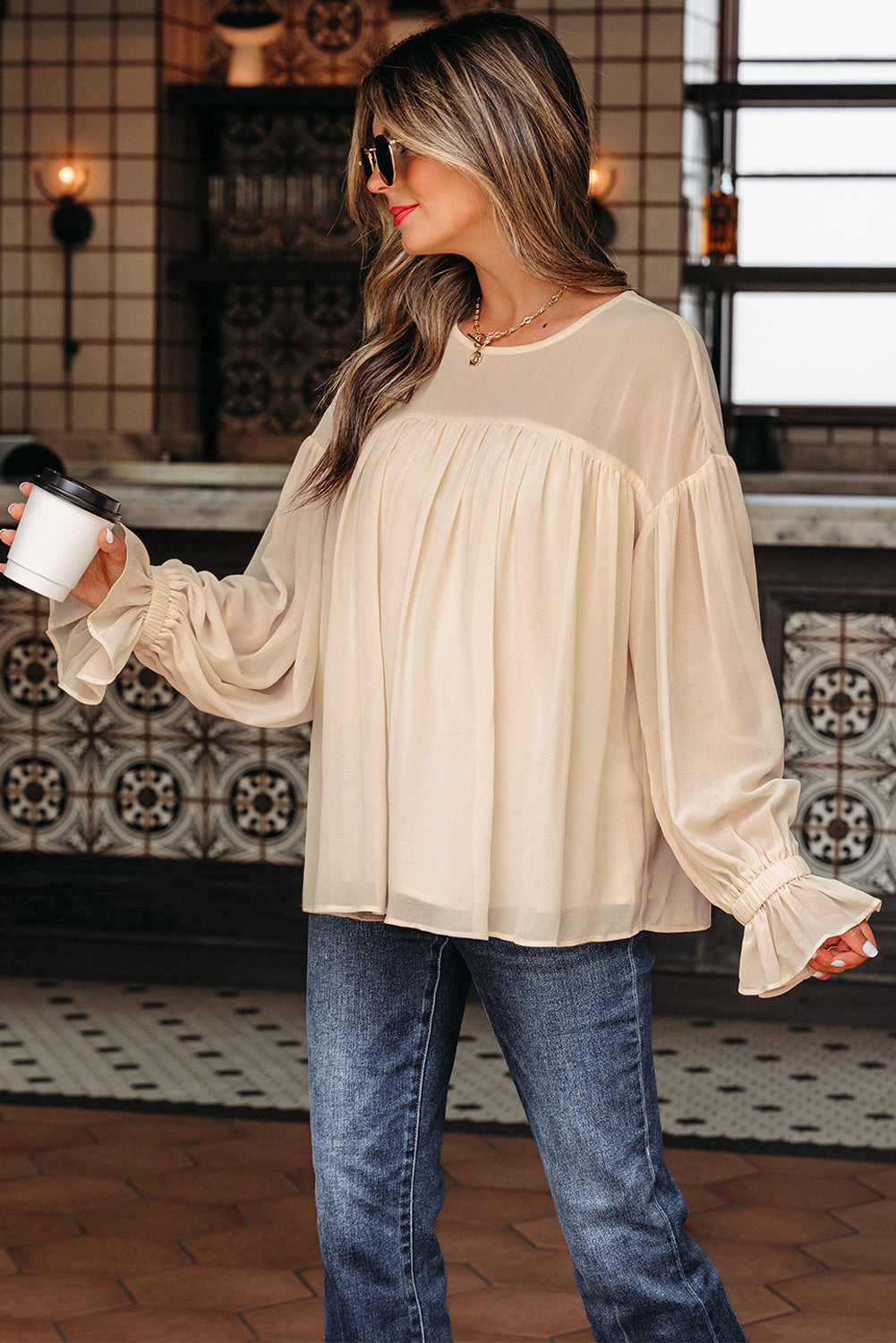 Threaded Pear Women's Mayaevi Sleeve Chiffon Blouse Long Sleeve Top