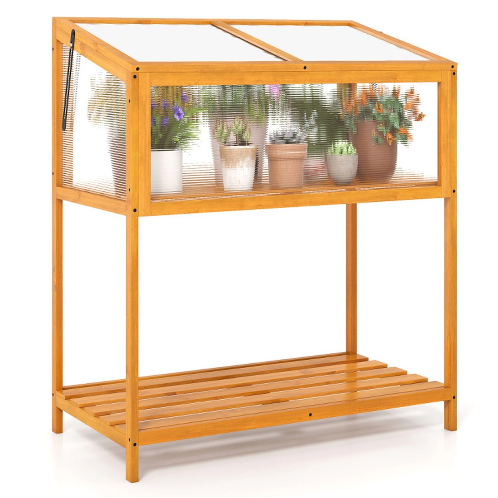 SUGIFT Orange Fir Wood Cold Frame Greenhouse with Openable Roof and Slatted Shelf 35.5-in W 20-in D 42-in H