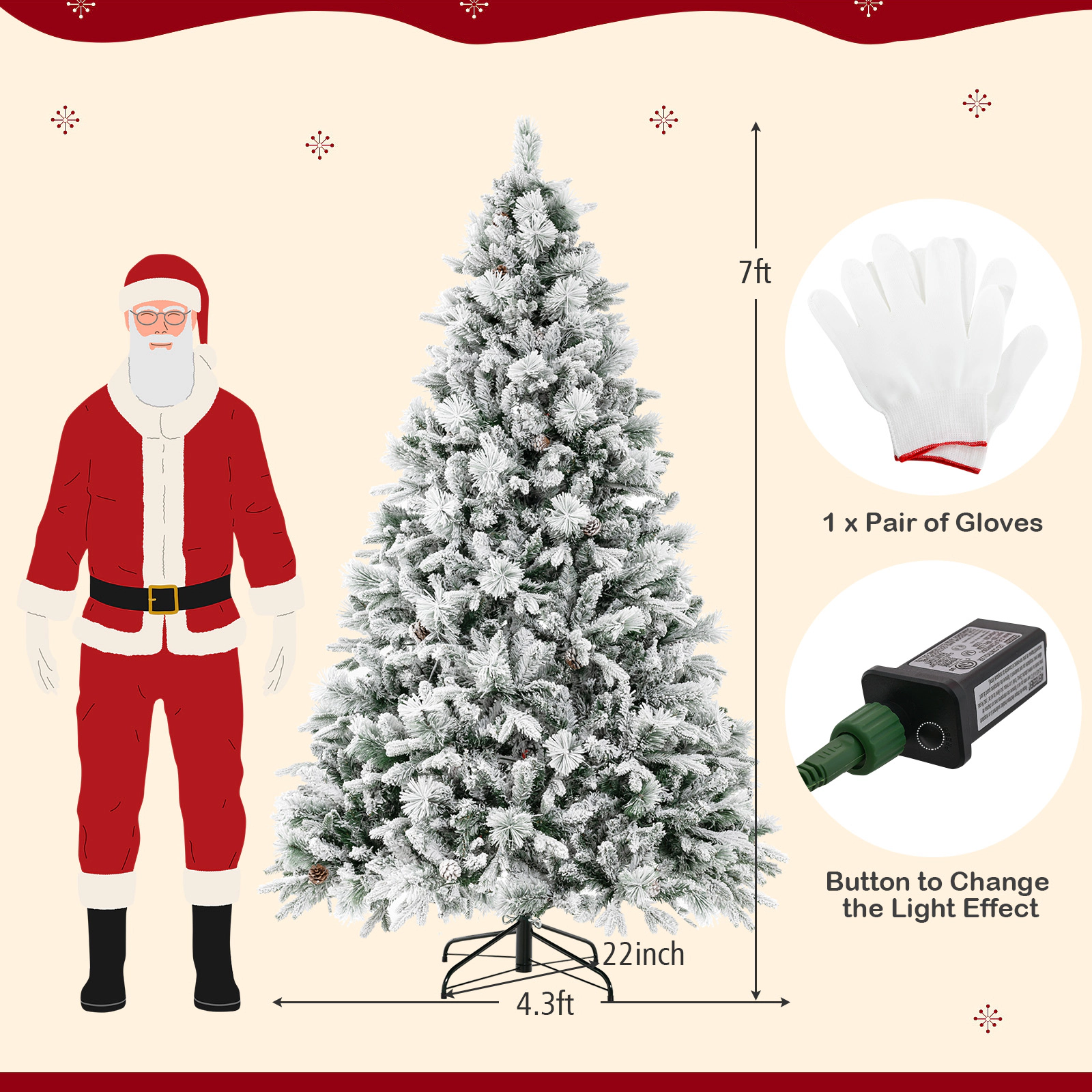 SUGIFT 7-ft Snow Flocked Pre-Lit Artificial Christmas Tree with 40 Pine Cones 1270 Tips and 320 LED Lights