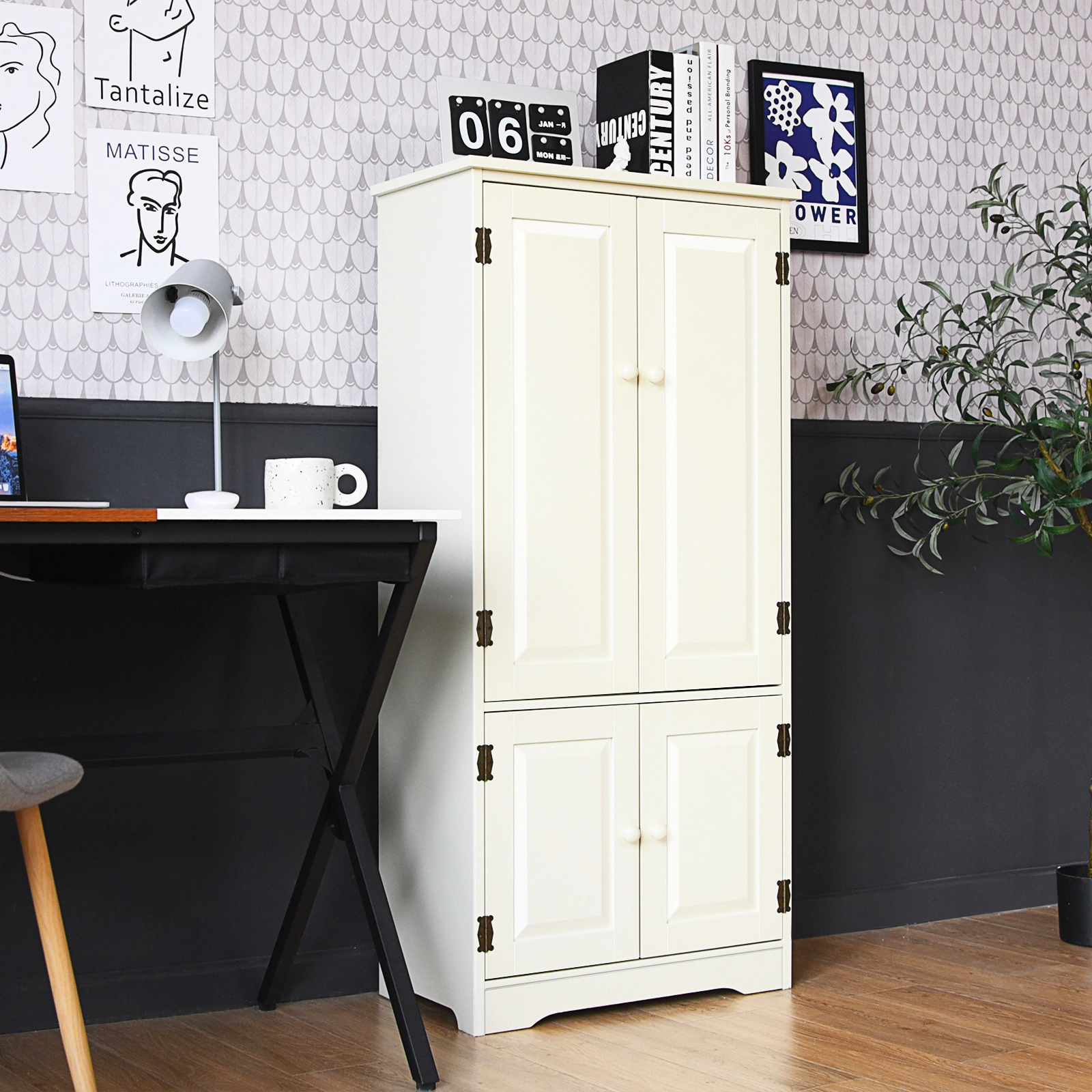 SUGIFT 49-in Tall 24-in Wide White Antique Accent Storage Cabinet with 2 Doors and 5-Height Adjustable Shelves
