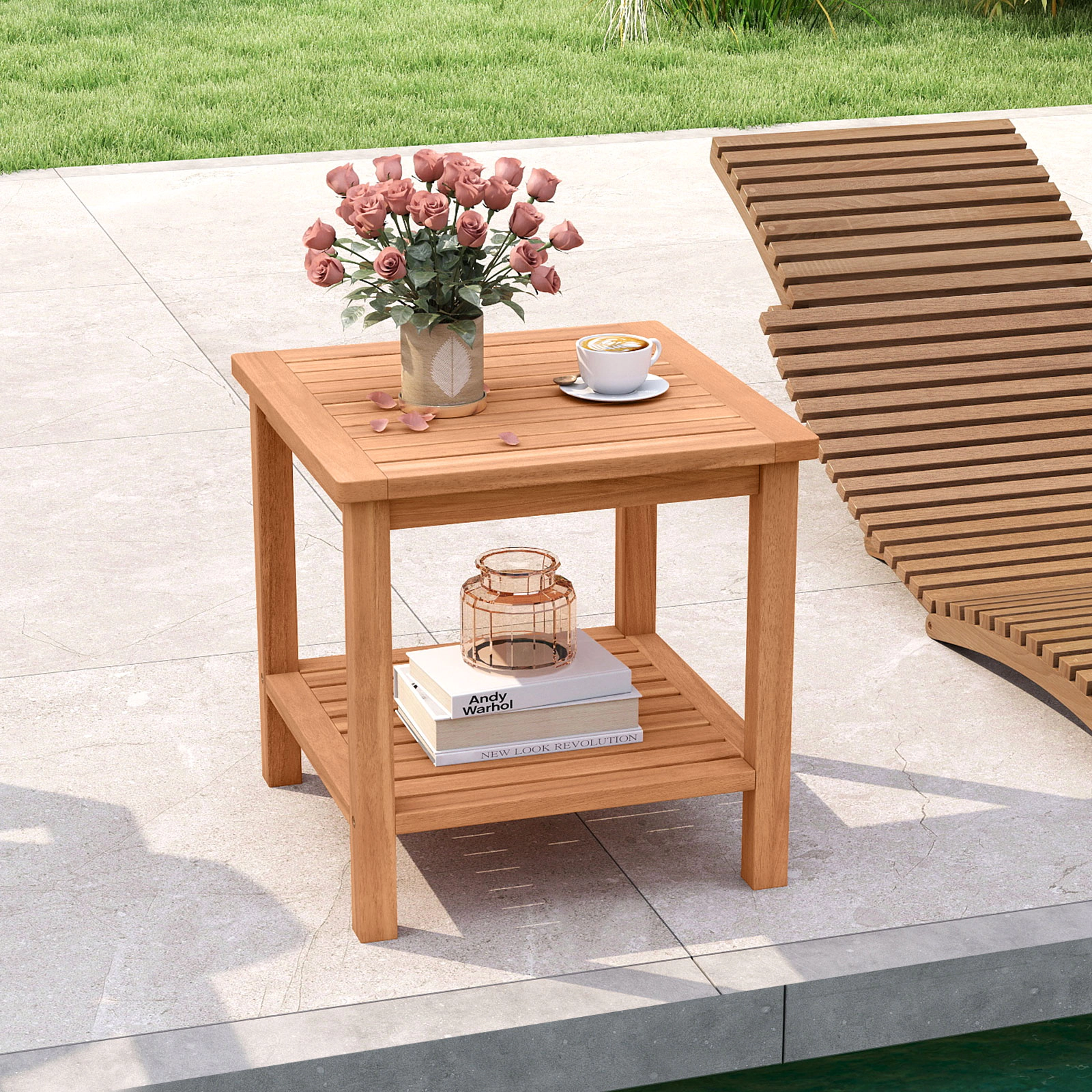 SUGIFT Acacia Wood Patio Side Table with Slatted Tabletop and Storage Shelf 165-lb Tabletop Capacity Natural