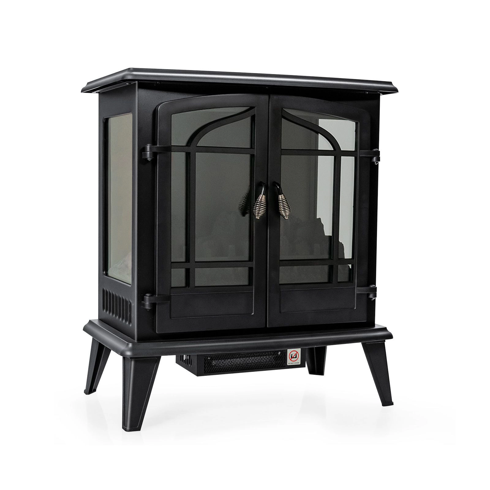 SlickBlue Black Iron Glass Electric Fireplace Heater, 1400W, 4777 BTU, 3-Sided Flame