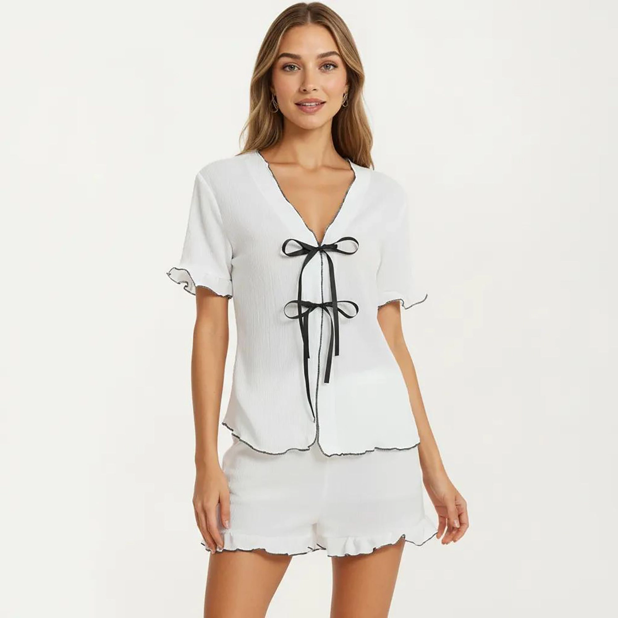 Anna-Kaci Women's 2-Piece Short Sleeve V Neck Tie Front Pajama Top with Ruffle Hem Shorts Sleepwear Set