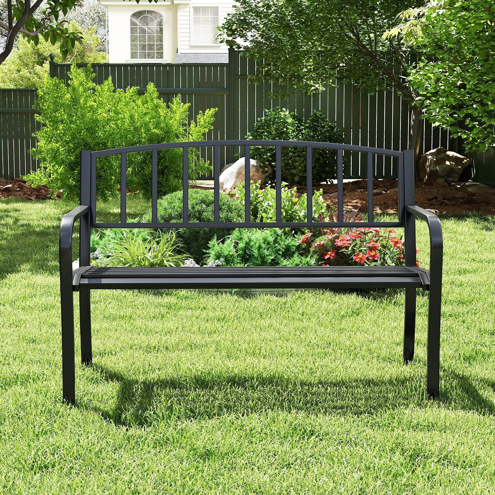 SUGIFT 50-Inch Black Metal Outdoor Garden Bench, 660-Lb Capacity, Slatted Backrest and Curved Armrests