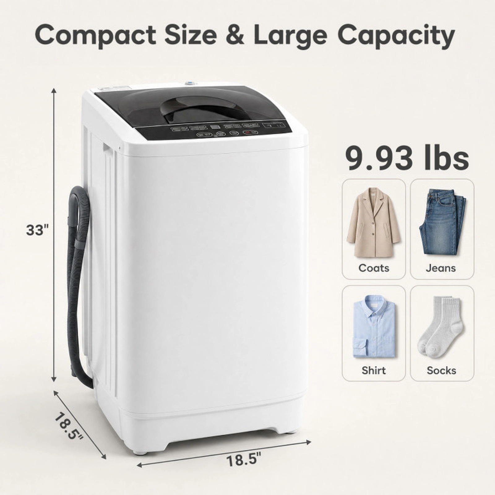 SUGIFT Full Automatic Compact Washing Machine Wash Spin Dry 8 Programs 9.93-lb Capacity 18.5 x 18.5 x 33-in Gray/White