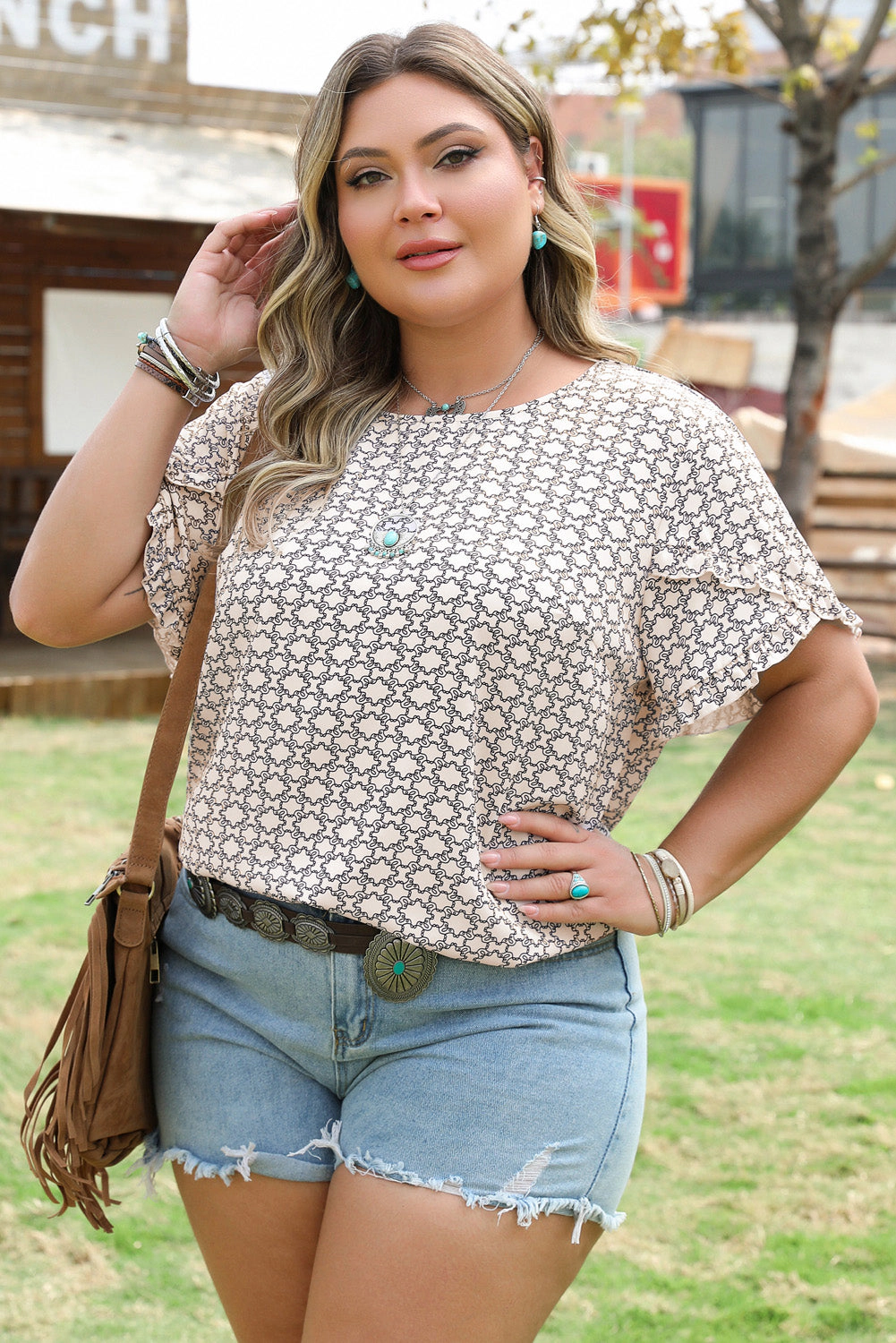 Threaded Pear Women's Faith Plus Geometric Ruffled Sleeve Blouse