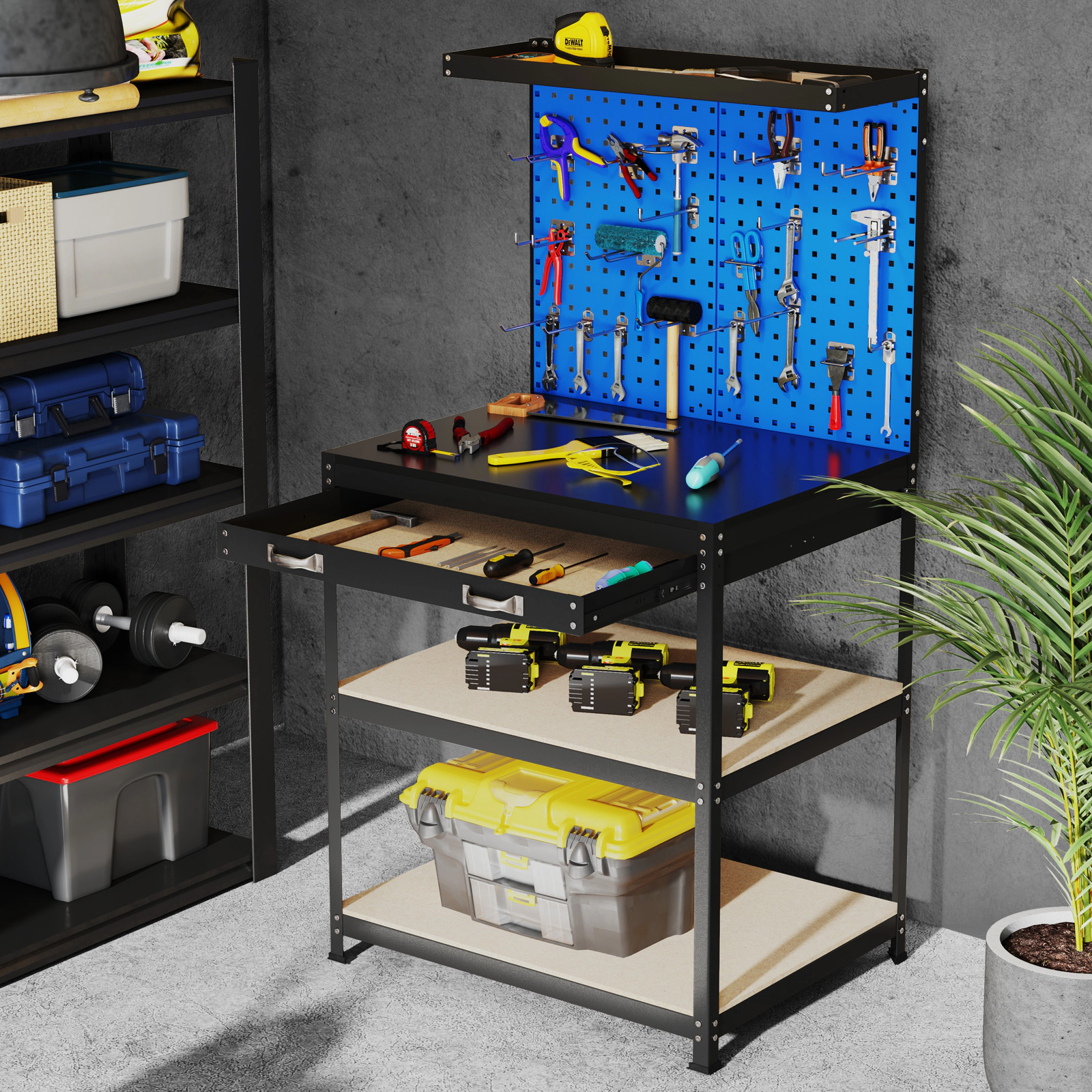 SUGIFT 2 Pegboards Drawer Shelves Workbench Tool Table 32-in x 16-in x 62-in 495-lb Capacity 220-lb Tabletop Navy