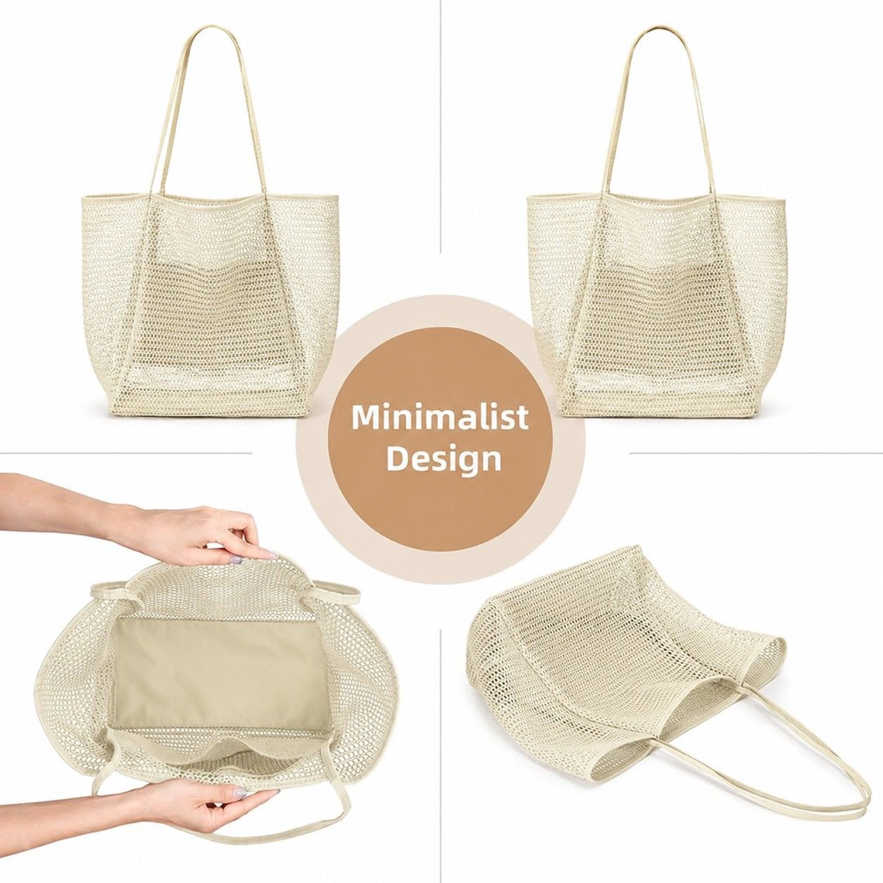 Alilang Women's Mesh Tote Bag Large Capacity Lightweight Polyester Shoulder Handbag with Inner Pouch, Khaki