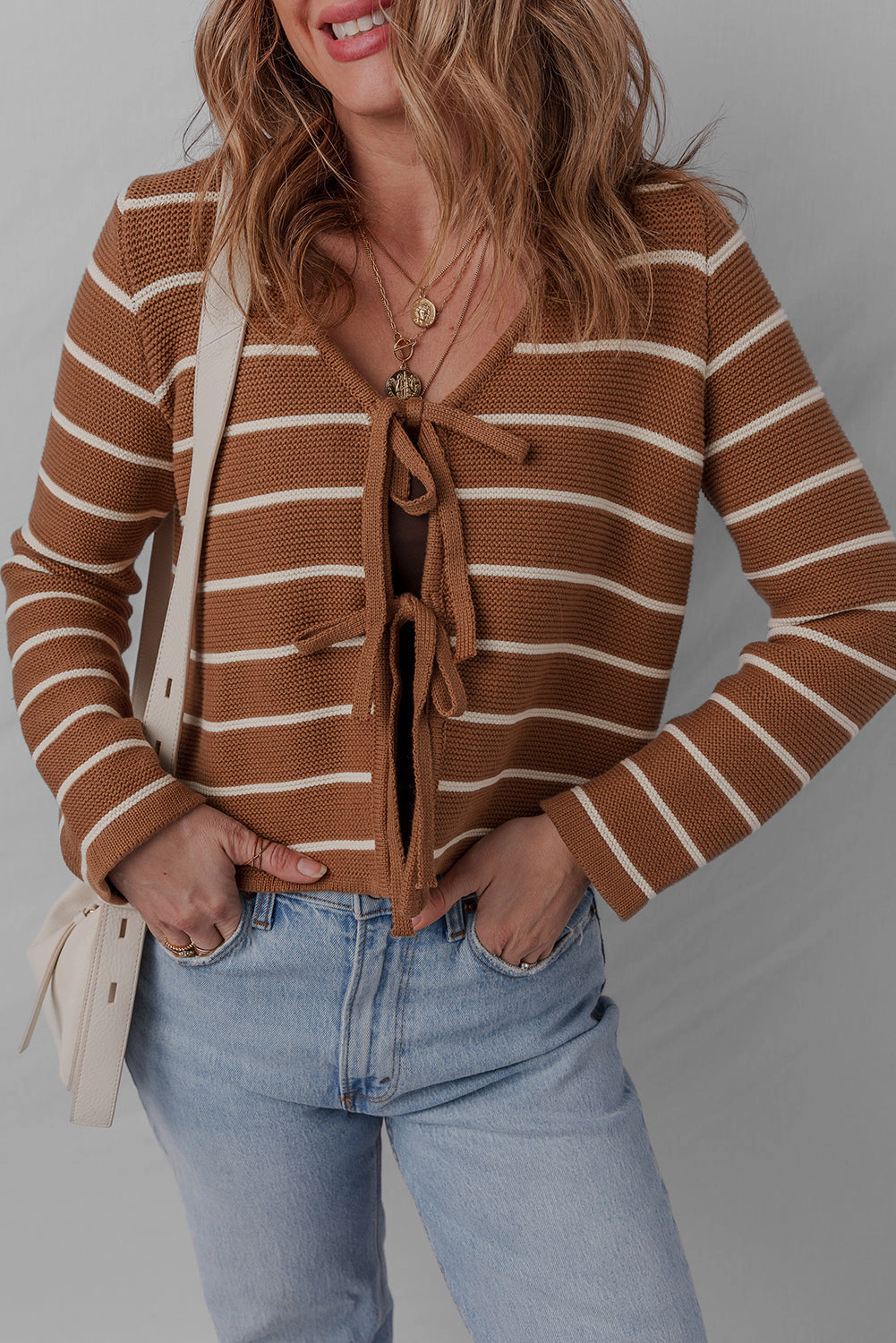 Threaded Pear Women's Lilly Striped Knit Cardigan Sweater