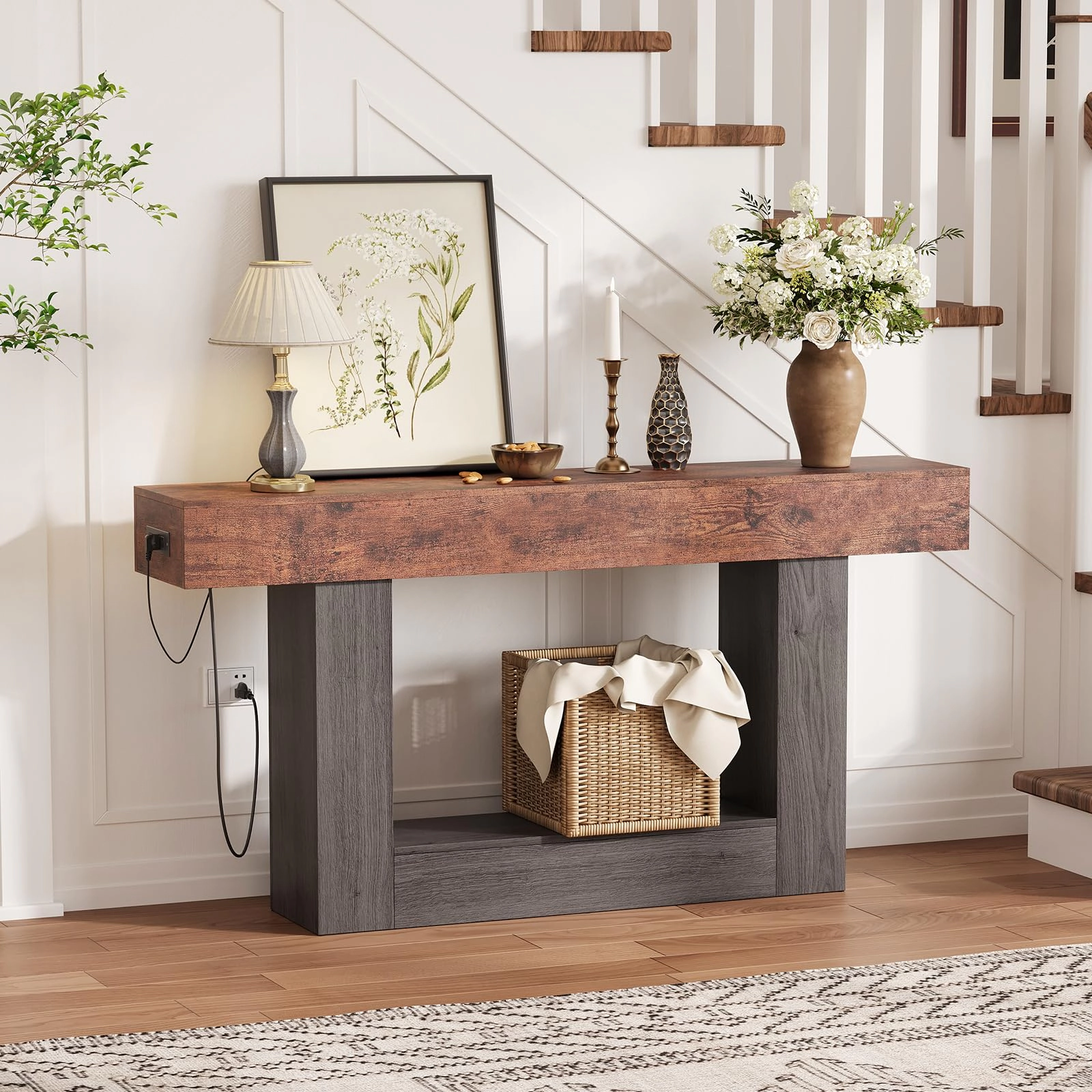BebreezChic 63" Farmhouse Console Table with Charging Station, 2-Tier Narrow Entryway Sofa Table with Shelf