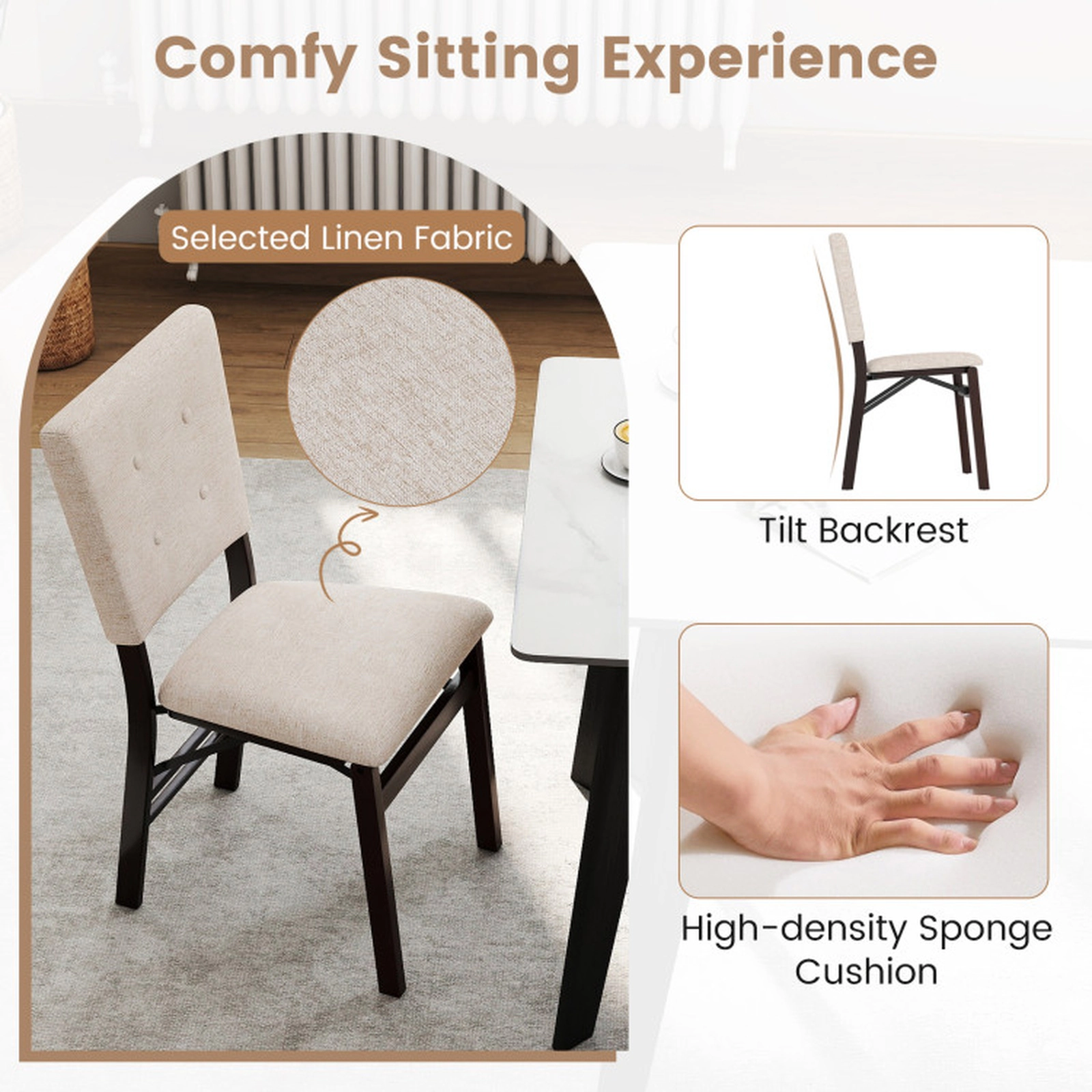SUGIFT Foldable Armless Dining Chair Set of 4 with Padded Seat and Tilt Backrest 353-lb Capacity Beige