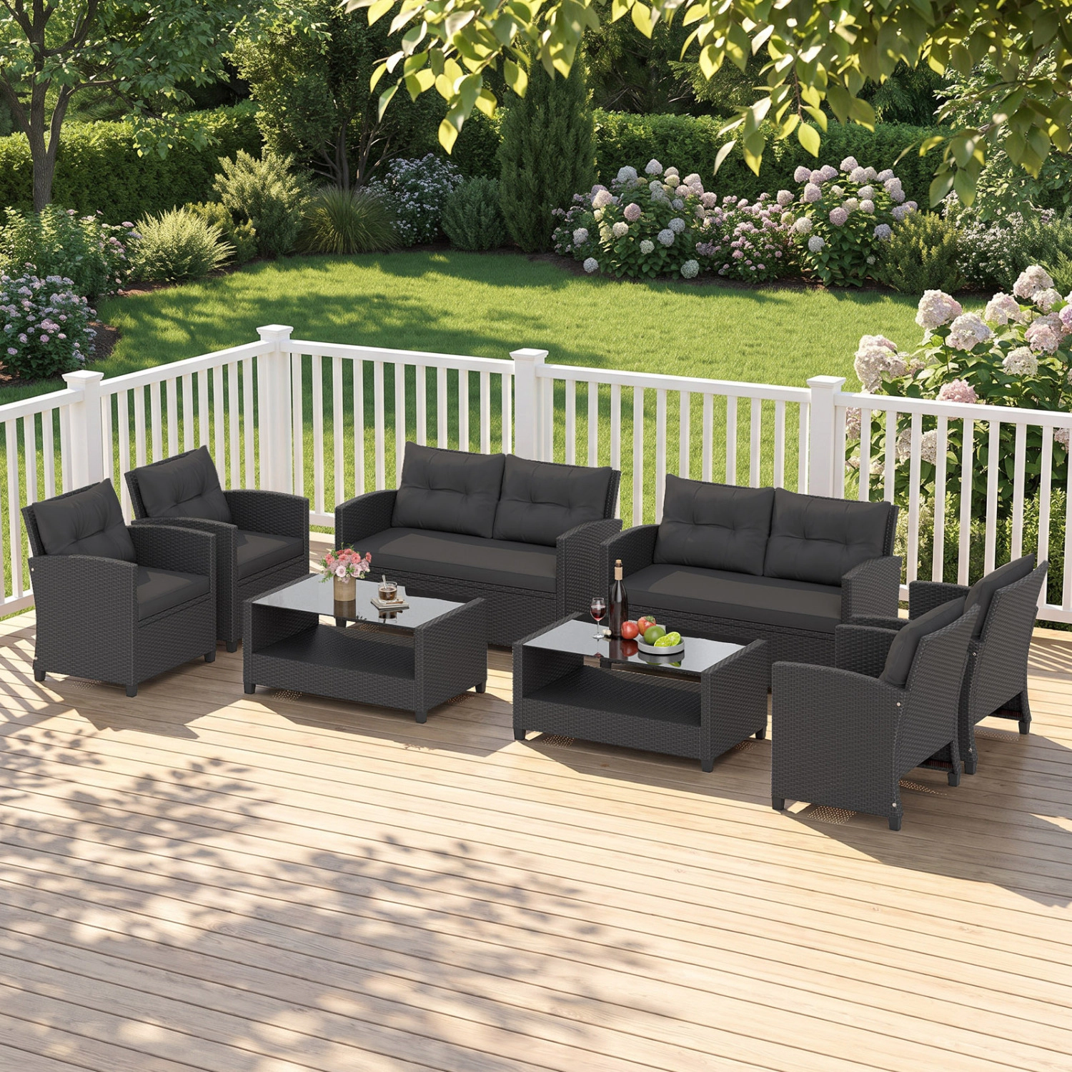 LJG 4 Pieces Patio Rattan Furniture Set with Tempered Glass Coffee Table
