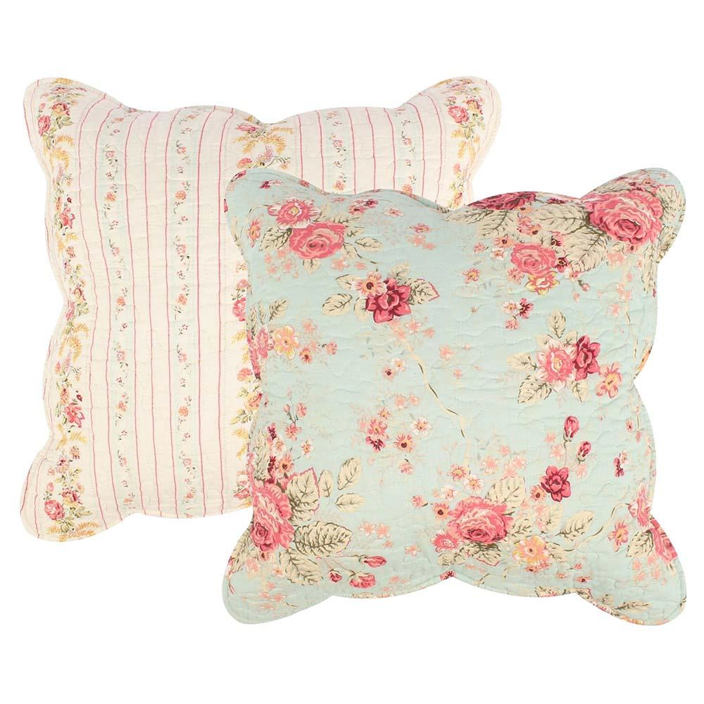 Greenland Home Antique Rose Floral Print Decorative High-Quality 2-Piece Pillow Set with Removable Covers 18"x18" Blue